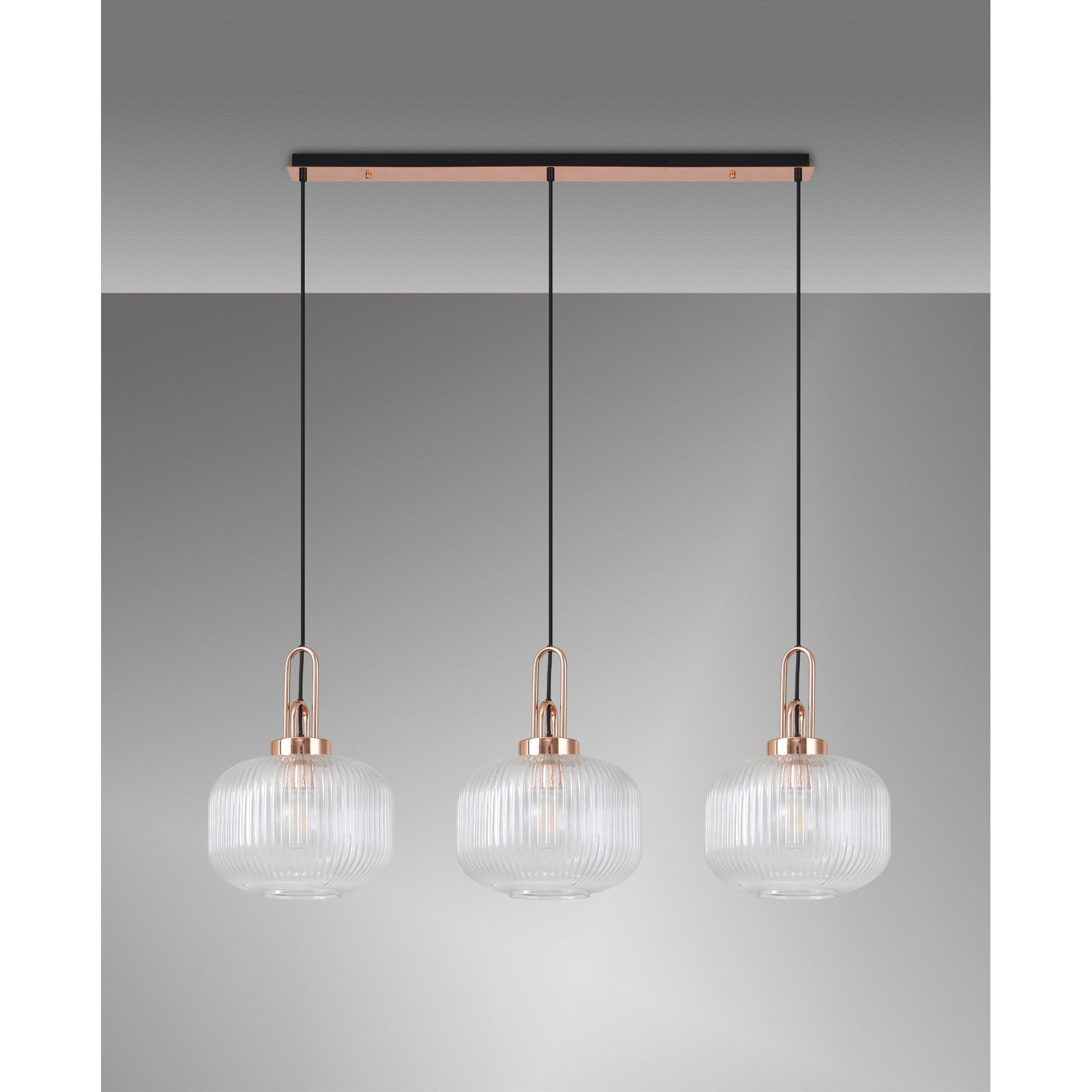 Fabula Springfield 3 Light Linear Pendant - 30cm Pumpkin Shaped Ribbed Glass Shades - Copper & Clear Glass