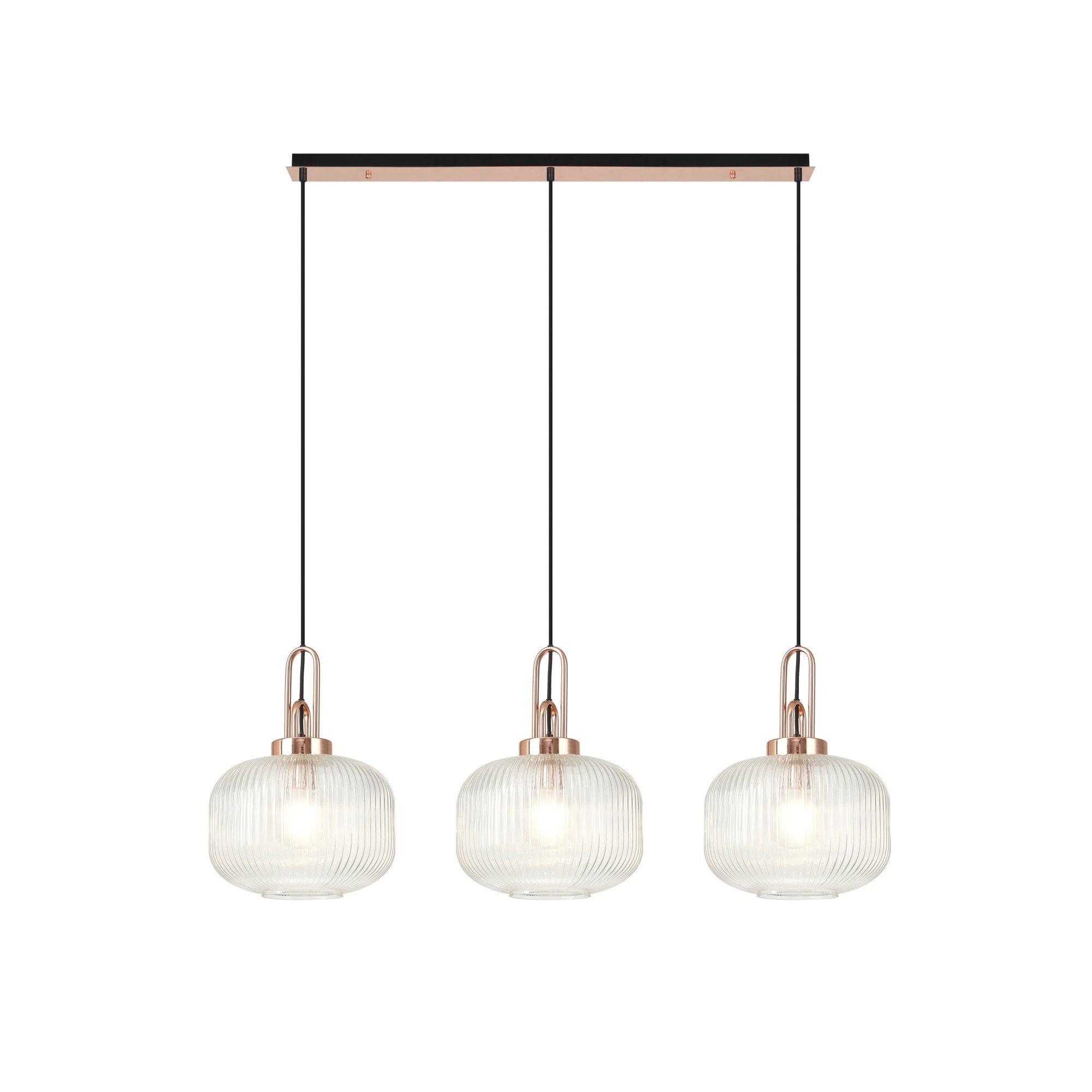 Fabula Springfield 3 Light Linear Pendant - 30cm Pumpkin Shaped Ribbed Glass Shades - Copper & Clear Glass