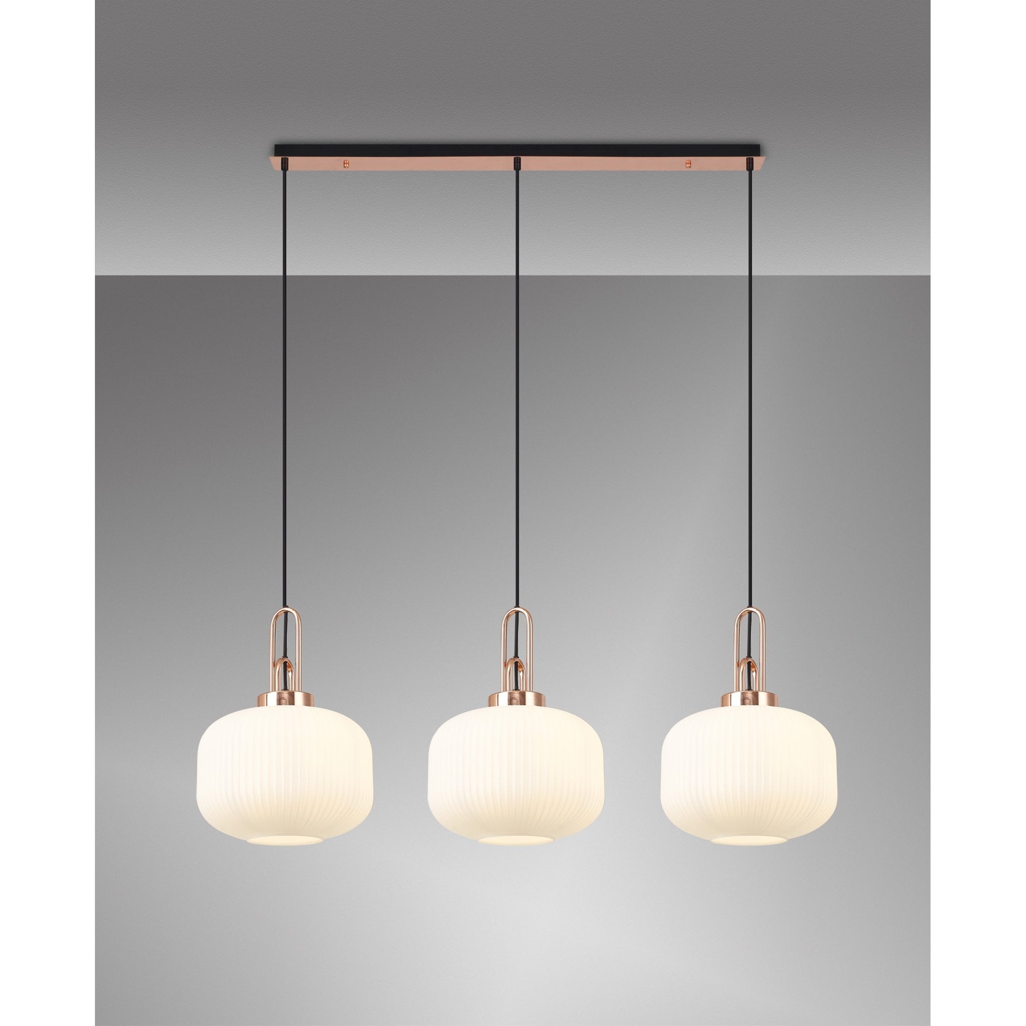 Fabula Springfield 3 Light Linear Pendant - 30cm Pumpkin Shaped Ribbed Glass Shades - Copper & Opal Glass