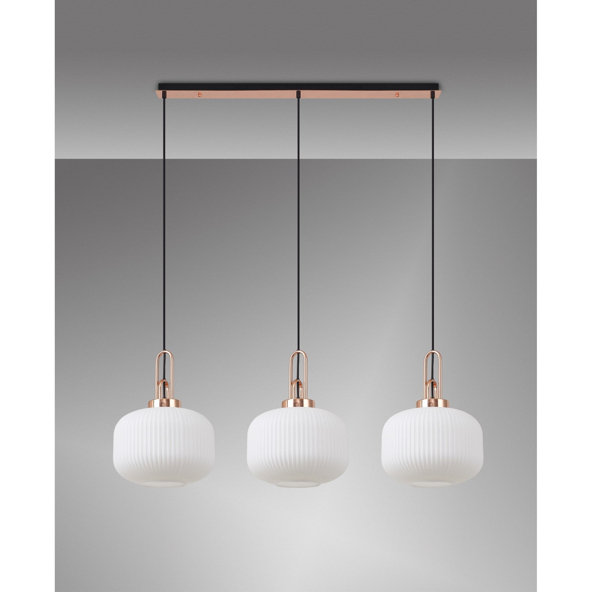 Fabula Springfield 3 Light Linear Pendant - 30cm Pumpkin Shaped Ribbed Glass Shades - Copper & Opal Glass