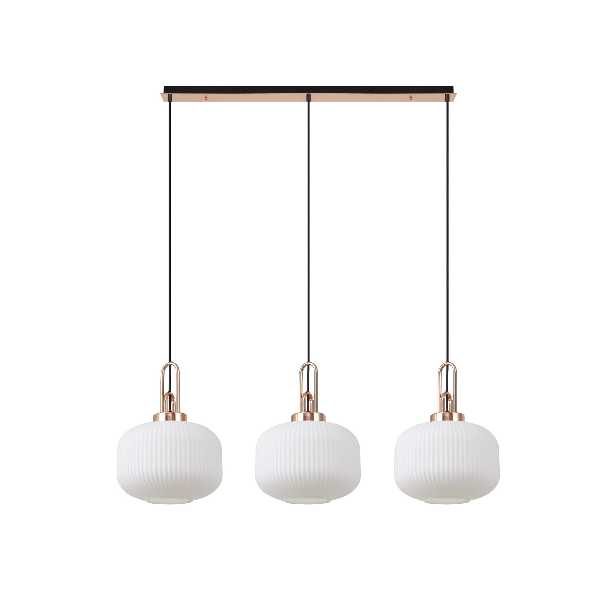 Fabula Springfield 3 Light Linear Pendant - 30cm Pumpkin Shaped Ribbed Glass Shades - Copper & Opal Glass