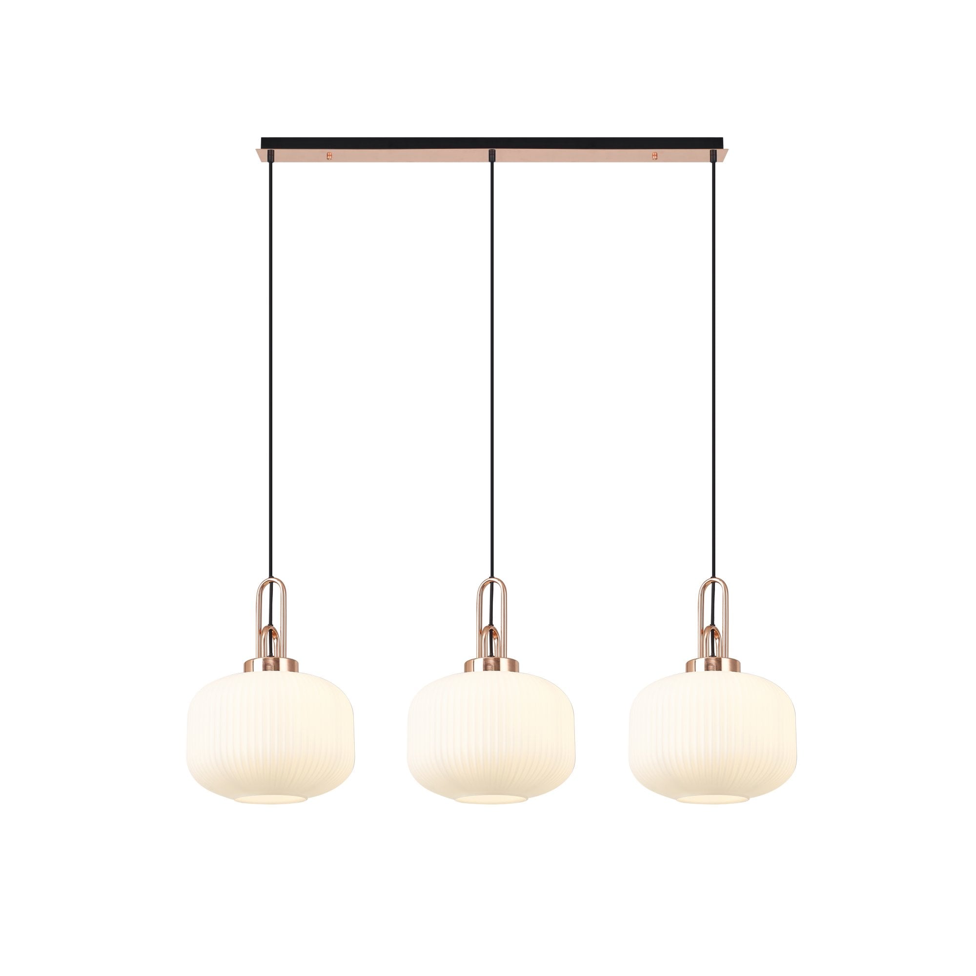 Fabula Springfield 3 Light Linear Pendant - 30cm Pumpkin Shaped Ribbed Glass Shades - Copper & Opal Glass
