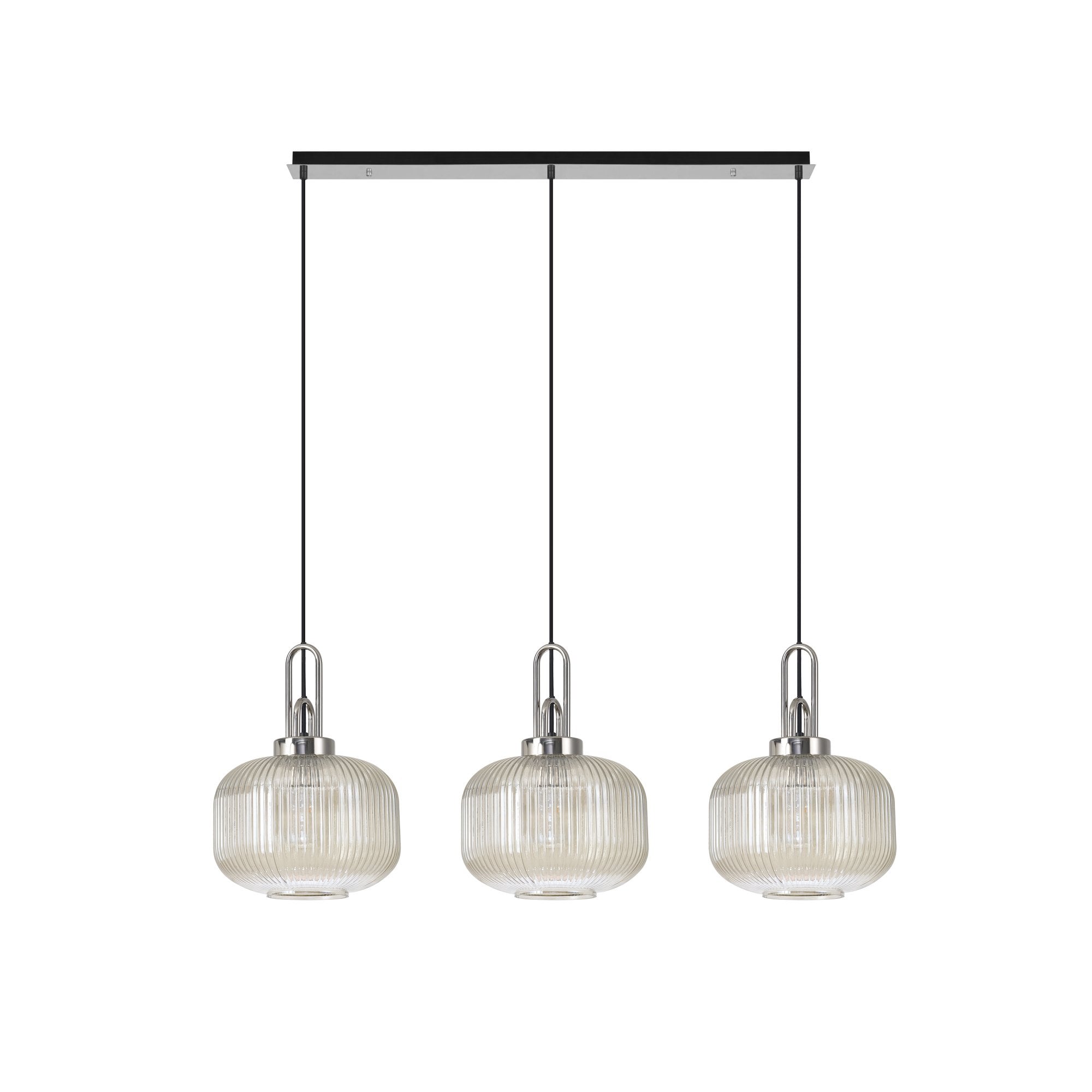 Fabula Springfield 3 Light Linear Pendant - 30cm Pumpkin Shaped Ribbed Glass Shades - Polished Nickel & Champagne Glass