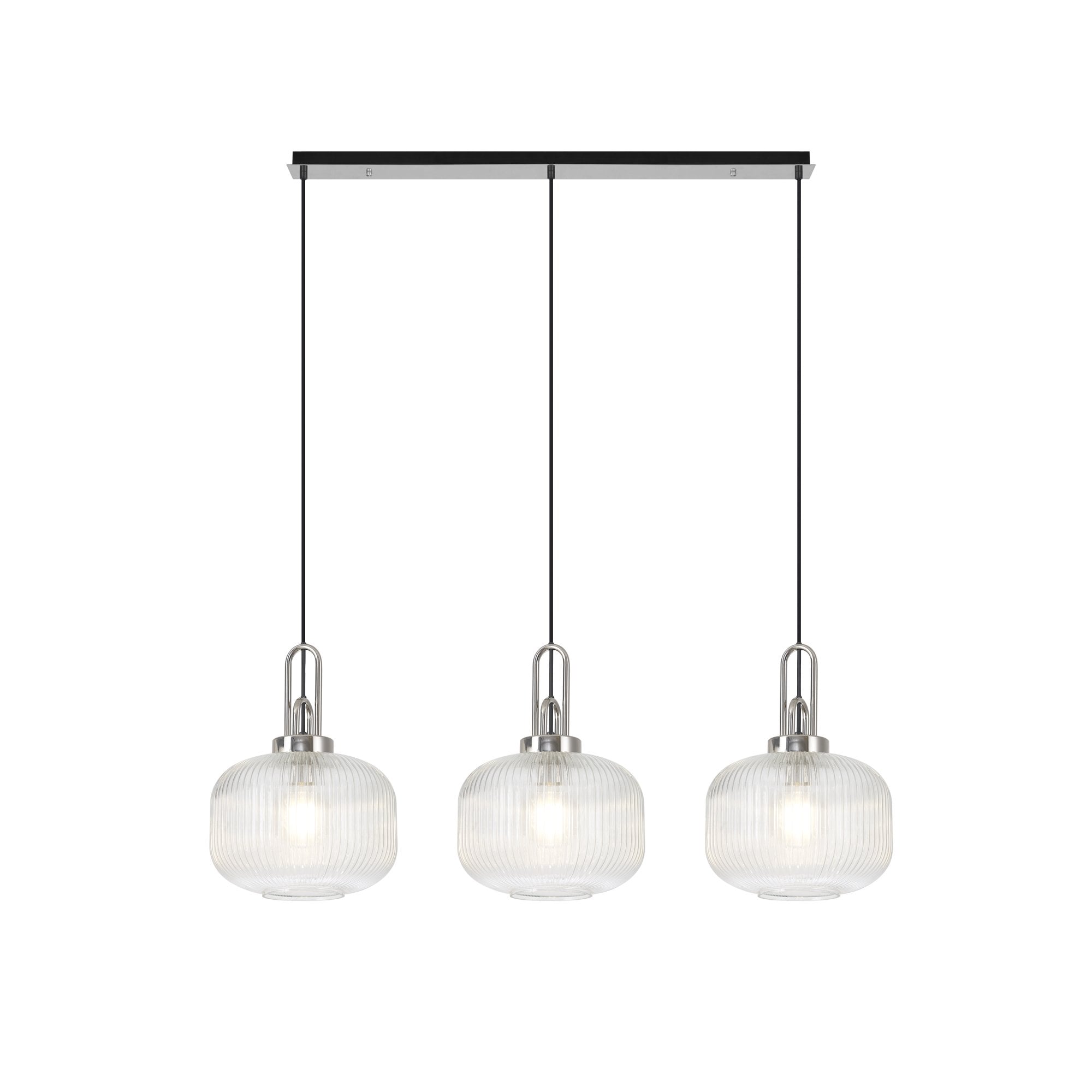 Fabula Springfield 3 Light Linear Pendant - 30cm Pumpkin Shaped Ribbed Glass Shades - Polished Nickel & Clear Glass