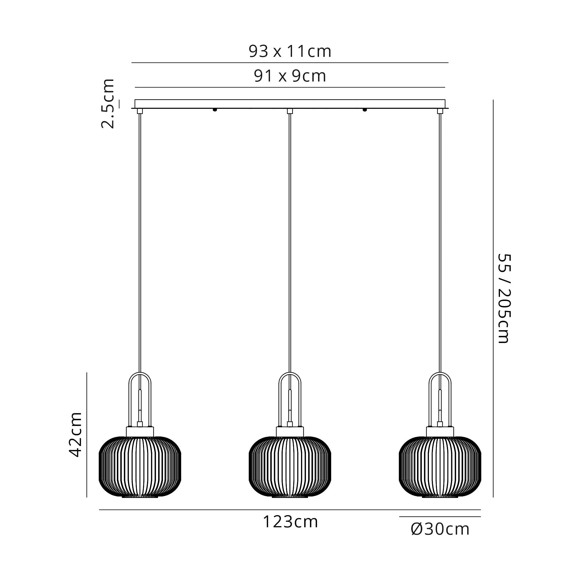Fabula Springfield 3 Light Linear Pendant - 30cm Pumpkin Shaped Ribbed Glass Shades - Polished Nickel & Opal Glass