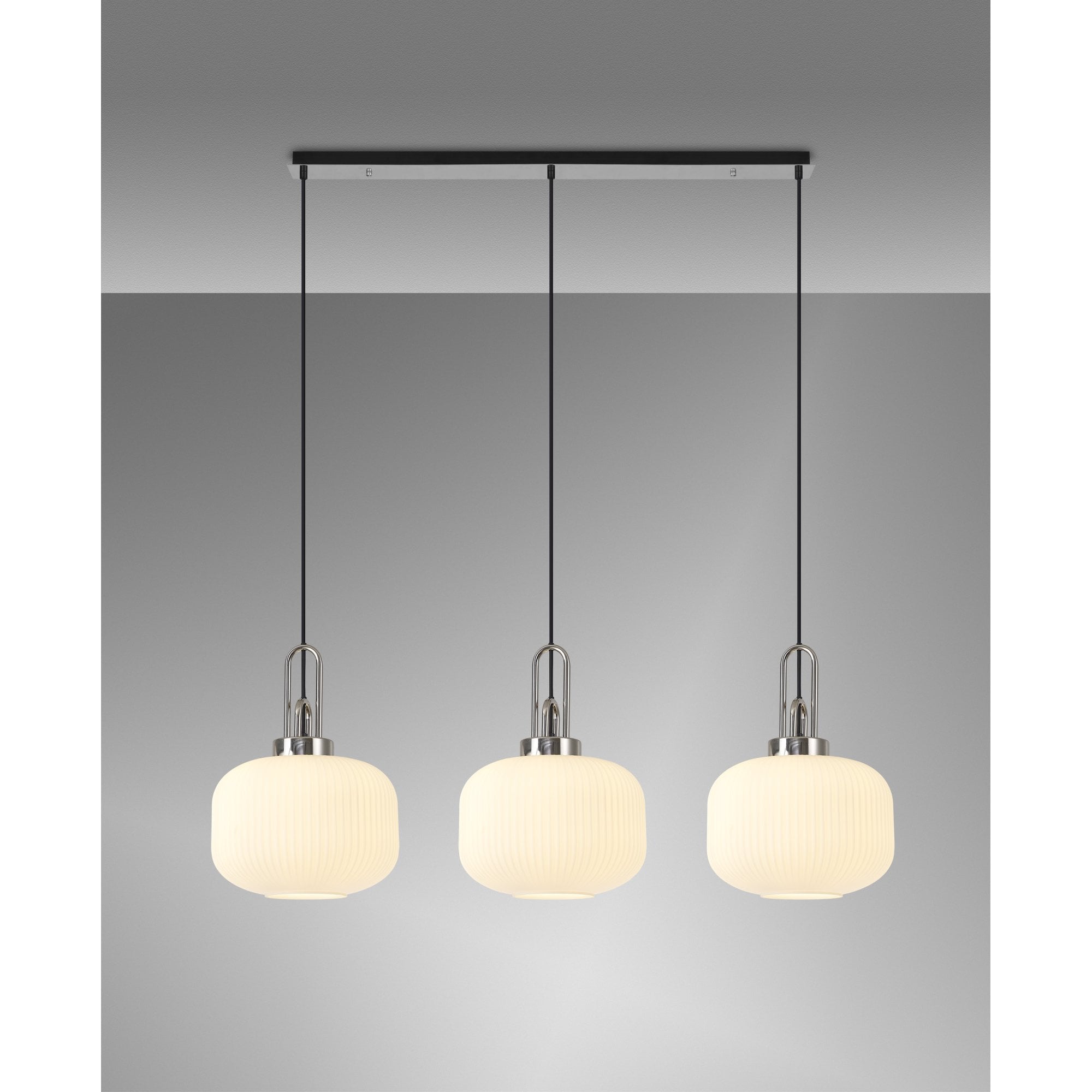 Fabula Springfield 3 Light Linear Pendant - 30cm Pumpkin Shaped Ribbed Glass Shades - Polished Nickel & Opal Glass