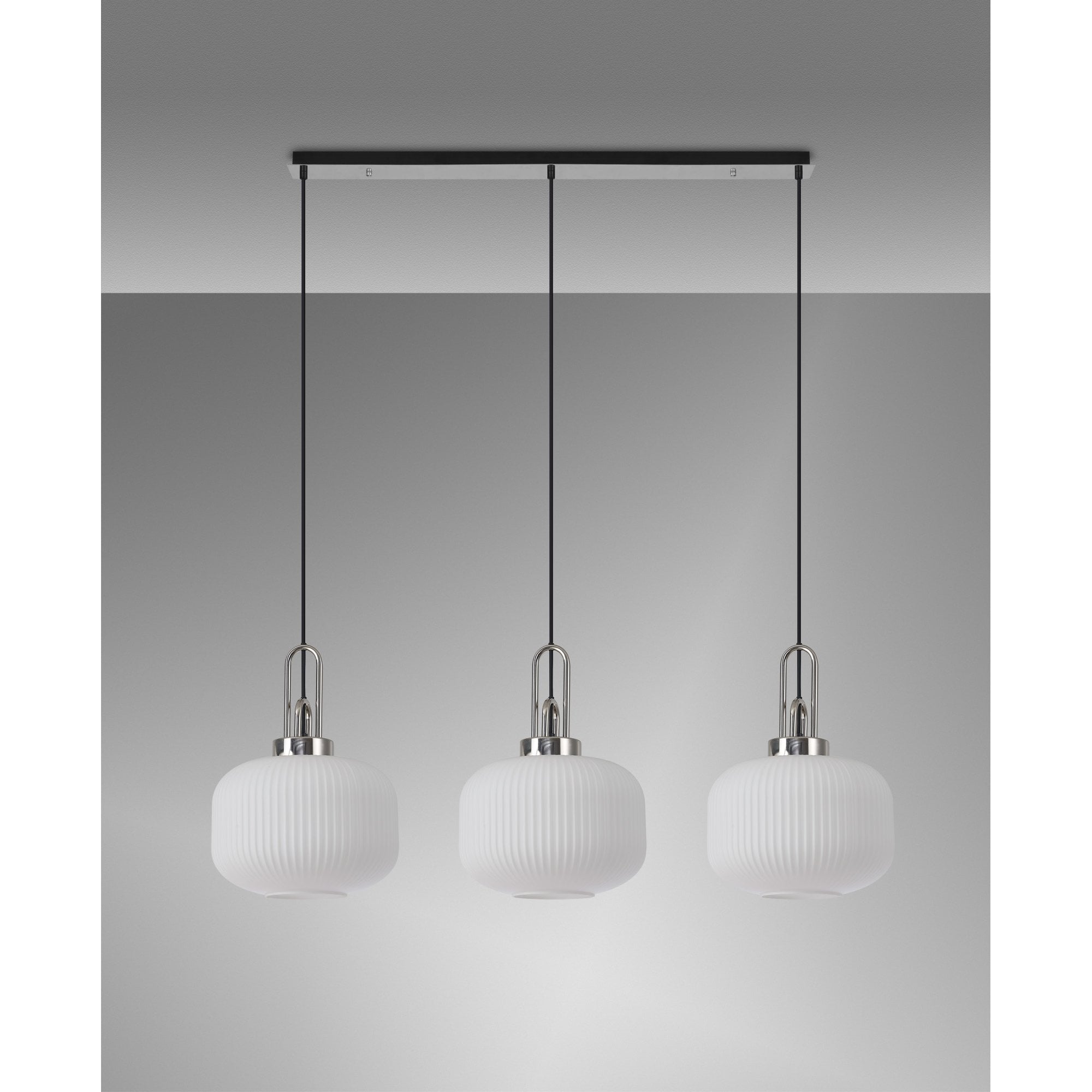 Fabula Springfield 3 Light Linear Pendant - 30cm Pumpkin Shaped Ribbed Glass Shades - Polished Nickel & Opal Glass