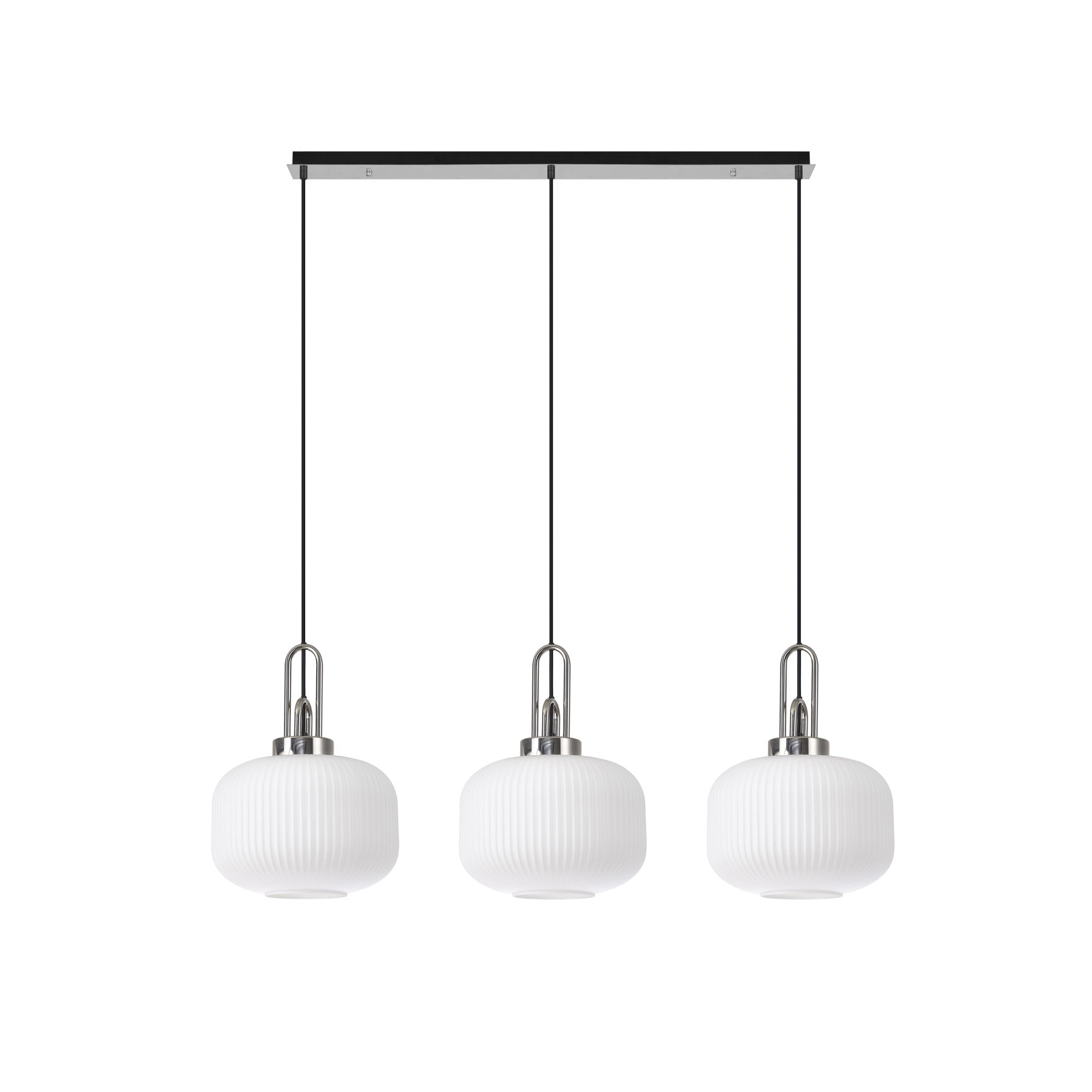 Fabula Springfield 3 Light Linear Pendant - 30cm Pumpkin Shaped Ribbed Glass Shades - Polished Nickel & Opal Glass