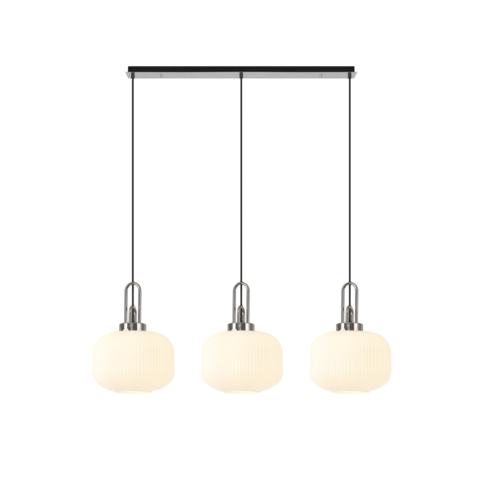 Fabula Springfield 3 Light Linear Pendant - 30cm Pumpkin Shaped Ribbed Glass Shades - Polished Nickel & Opal Glass