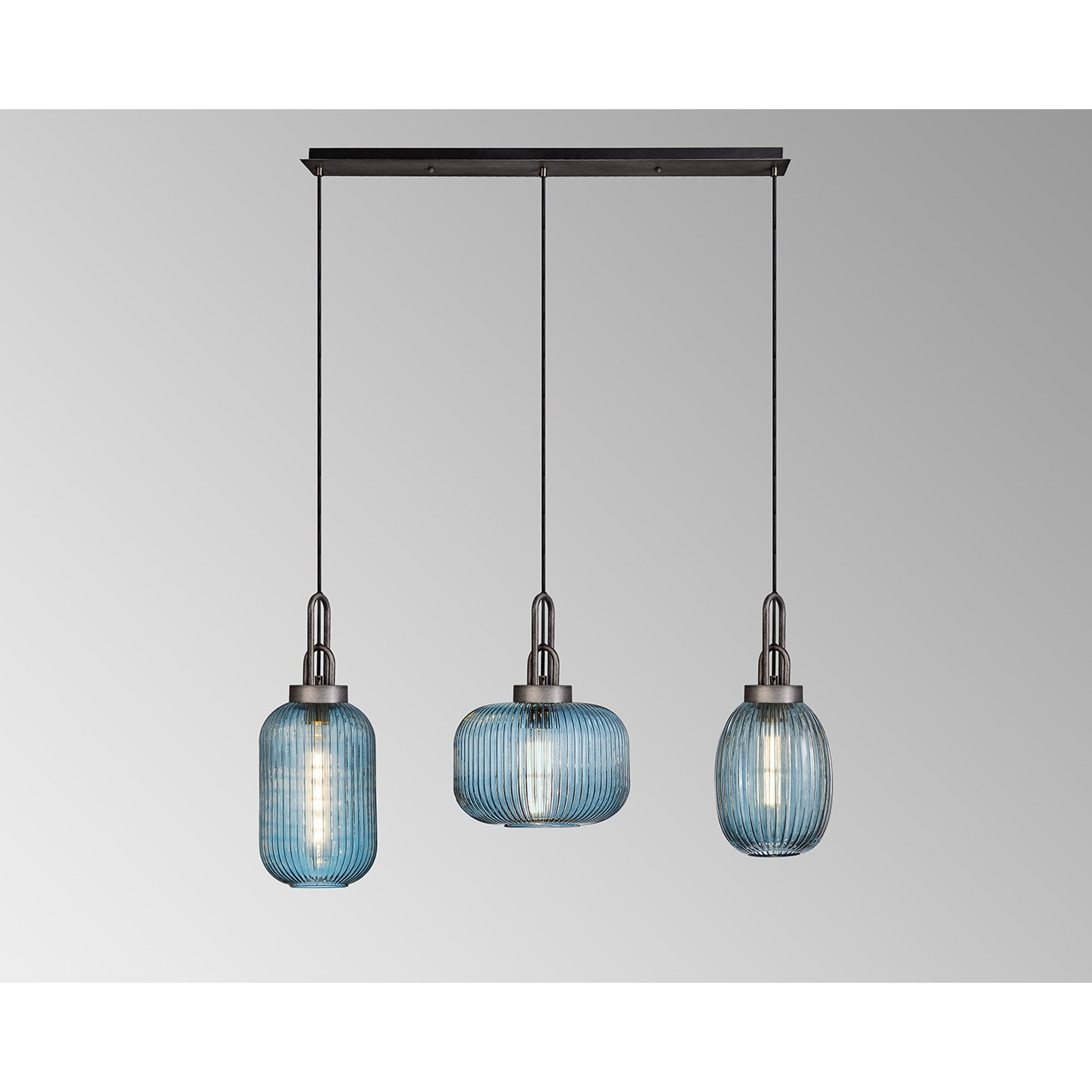 Fabula Springfield 3 Light Linear Pendant - Mixed Glass Shades - Aged Pewter & Petrol Blue Glass