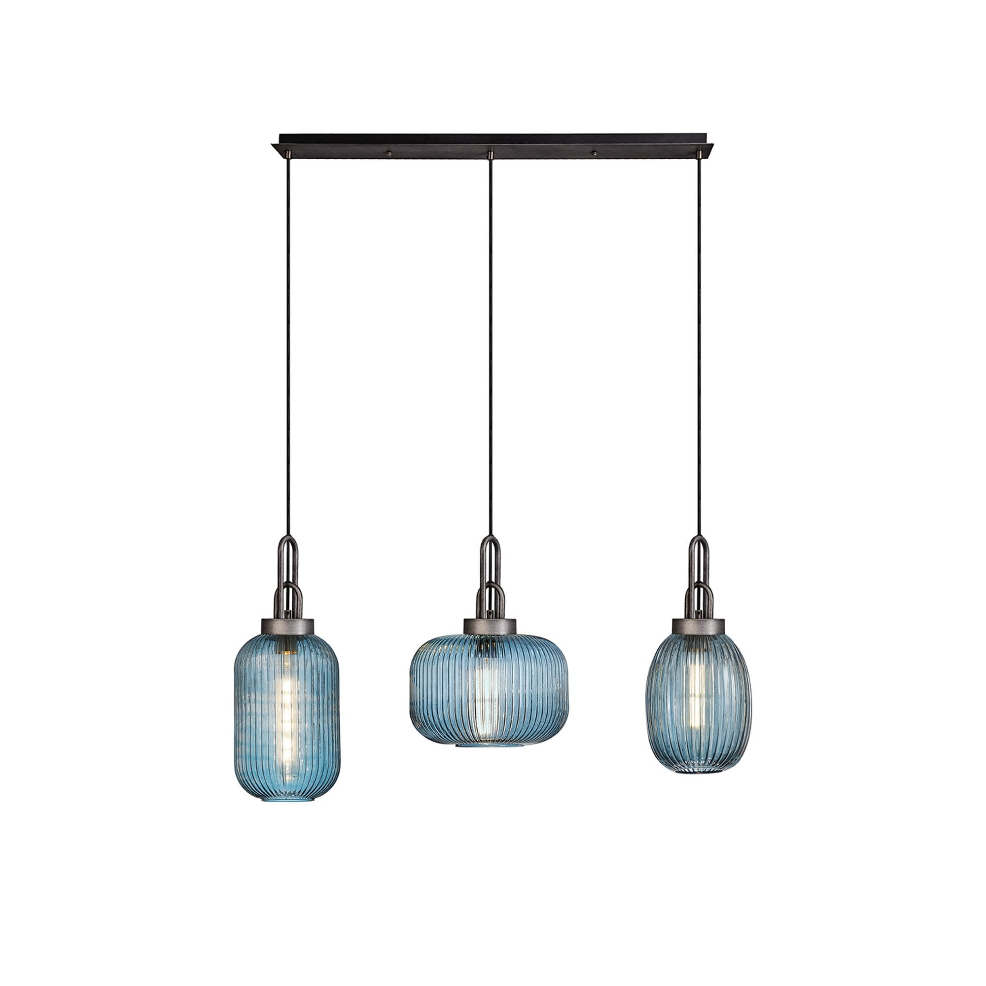 Fabula Springfield 3 Light Linear Pendant - Mixed Glass Shades - Aged Pewter & Petrol Blue Glass