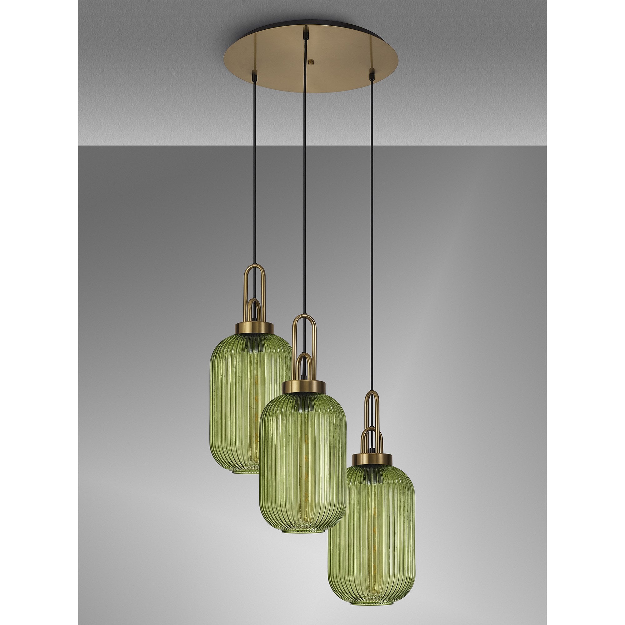 Fabula Springfield 3 Light Round Pendant - 20cm Tubular Ribbed Glass Shades - Brass Gold & Green Glass