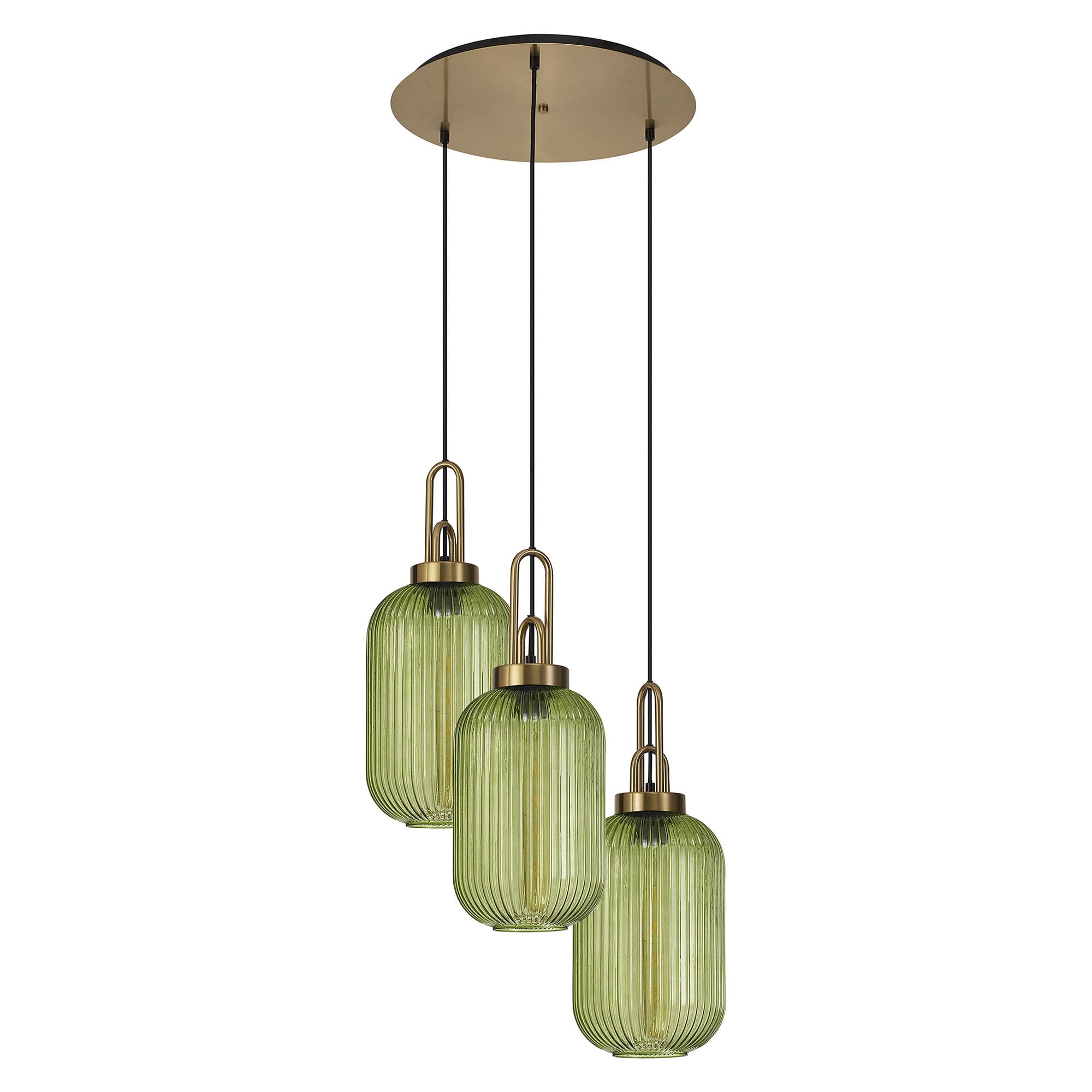 Fabula Springfield 3 Light Round Pendant - 20cm Tubular Ribbed Glass Shades - Brass Gold & Green Glass