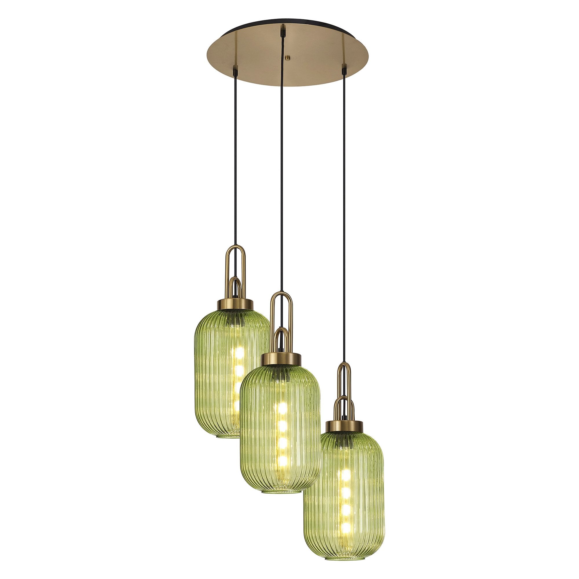 Fabula Springfield 3 Light Round Pendant - 20cm Tubular Ribbed Glass Shades - Brass Gold & Green Glass