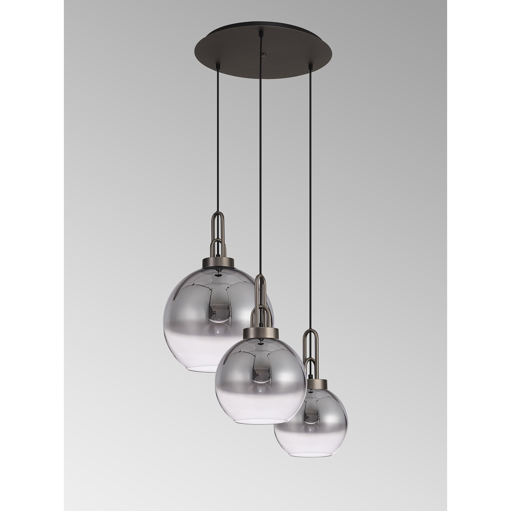 Fabula Springfield 3 Light Round Pendant - Mixed Glass Shades - Antique Silver & Smoked Fade Glass