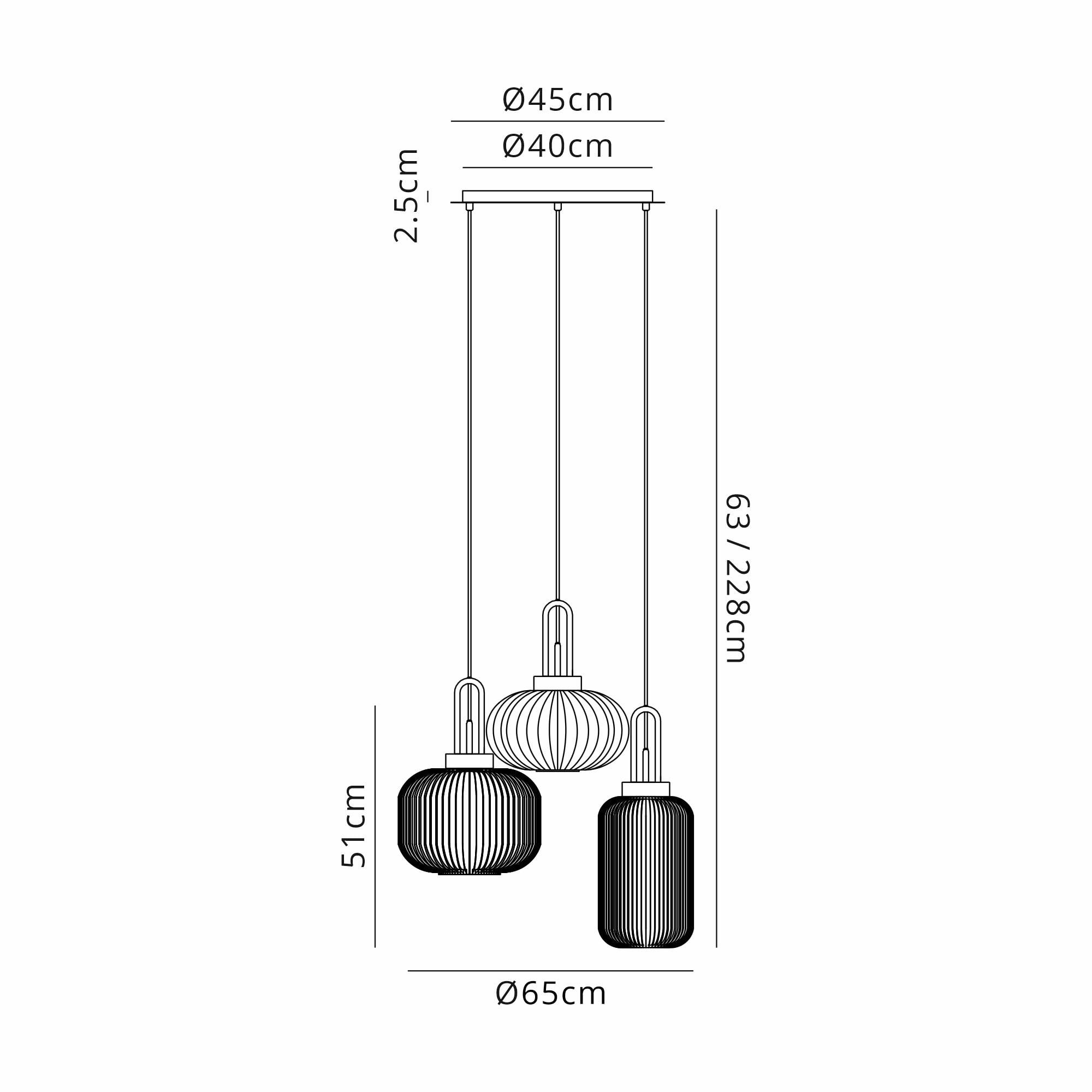 Fabula Springfield 3 Light Round Pendant - Mixed Glass Shades - Polished Nickel & Smoked Fade Glass