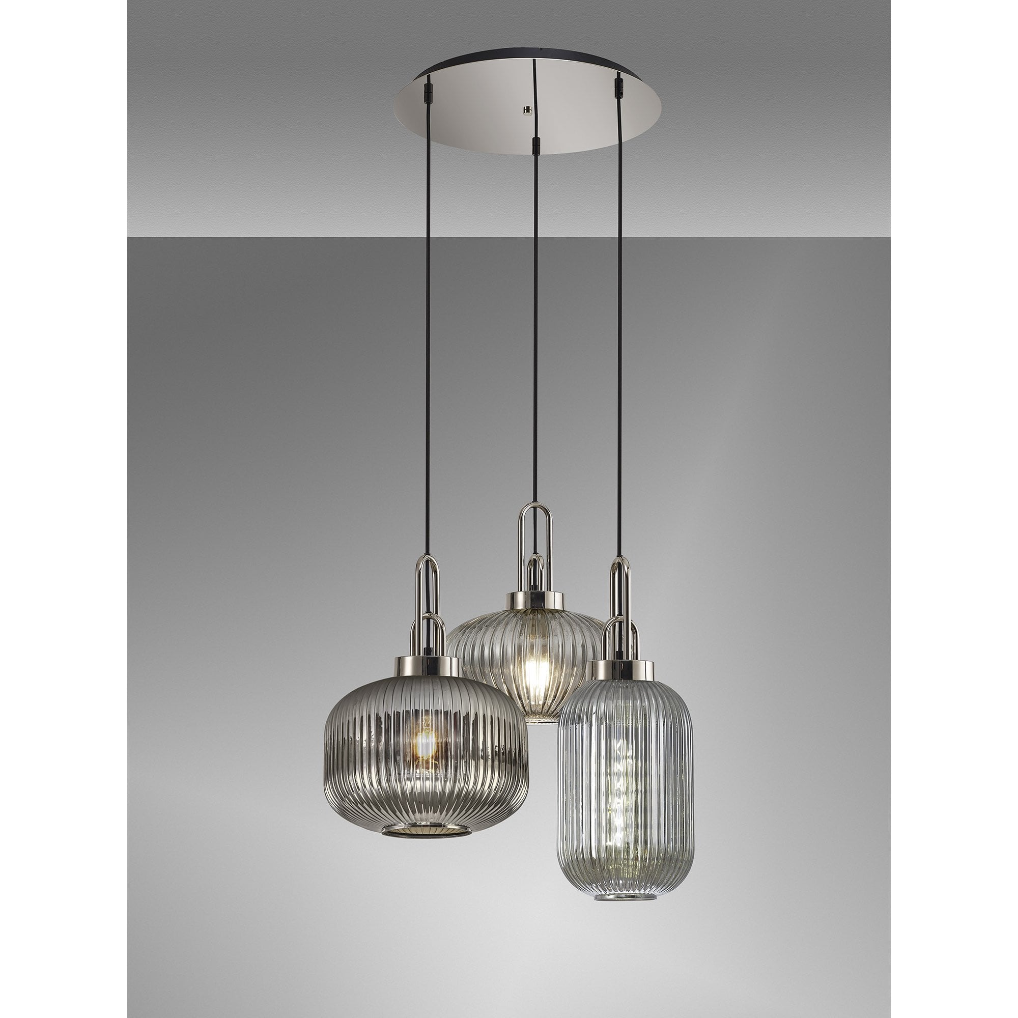 Fabula Springfield 3 Light Round Pendant - Mixed Glass Shades - Polished Nickel & Smoked Fade Glass