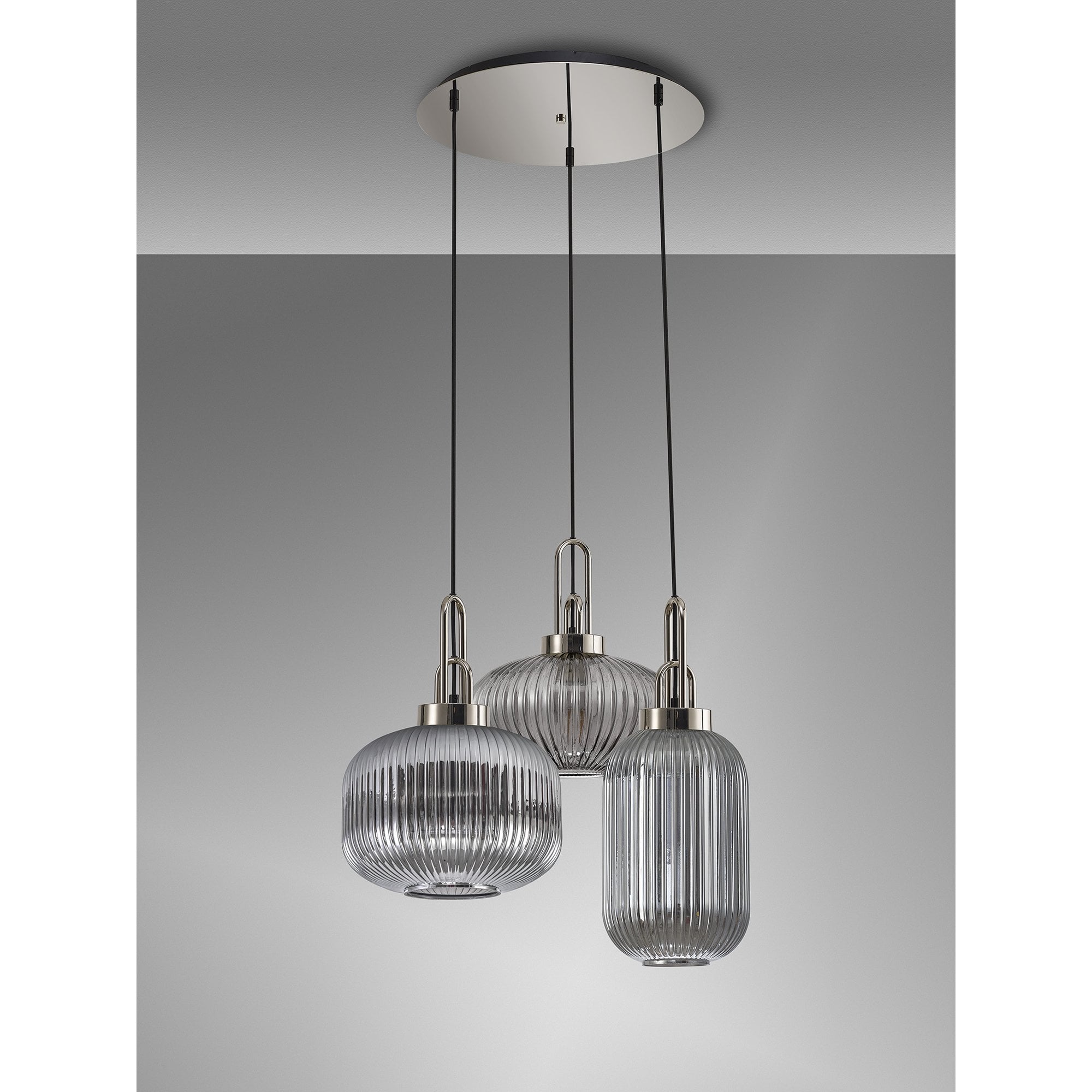 Fabula Springfield 3 Light Round Pendant - Mixed Glass Shades - Polished Nickel & Smoked Fade Glass