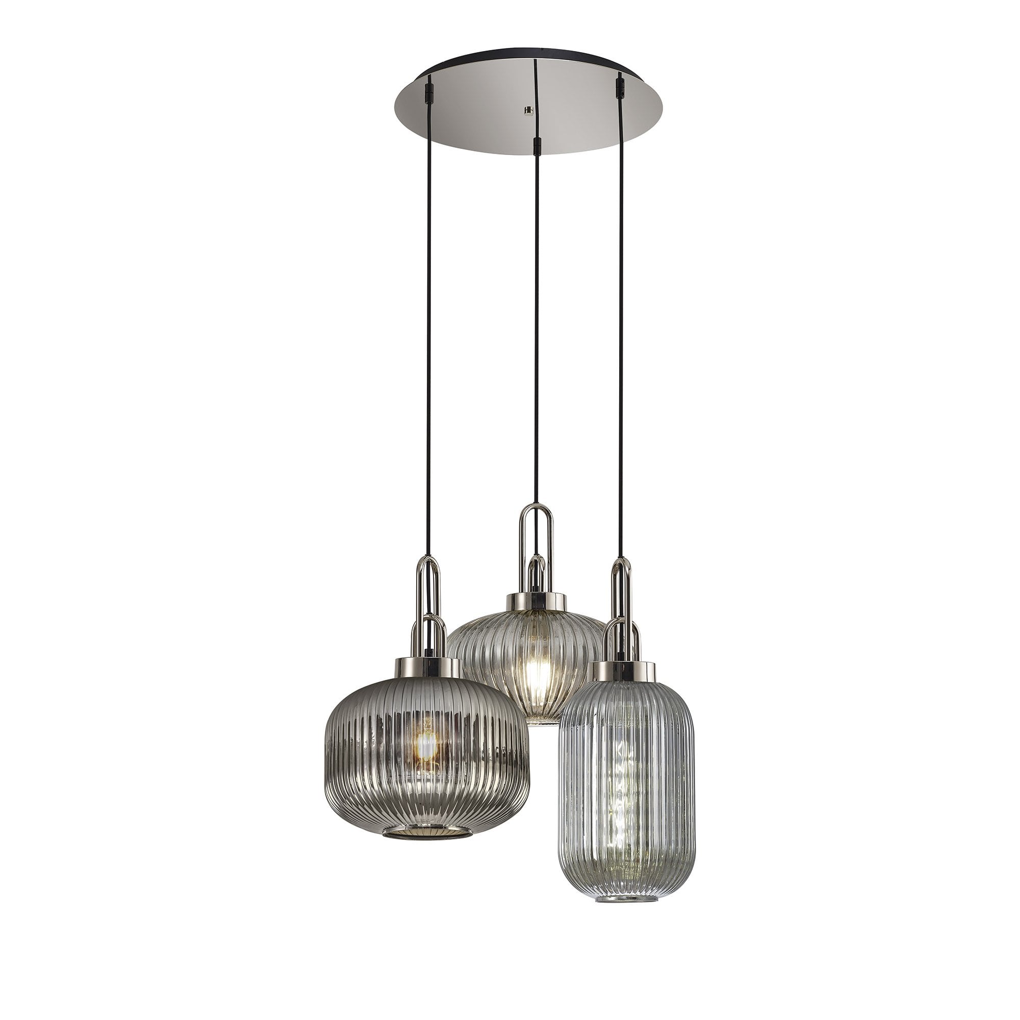Fabula Springfield 3 Light Round Pendant - Mixed Glass Shades - Polished Nickel & Smoked Fade Glass