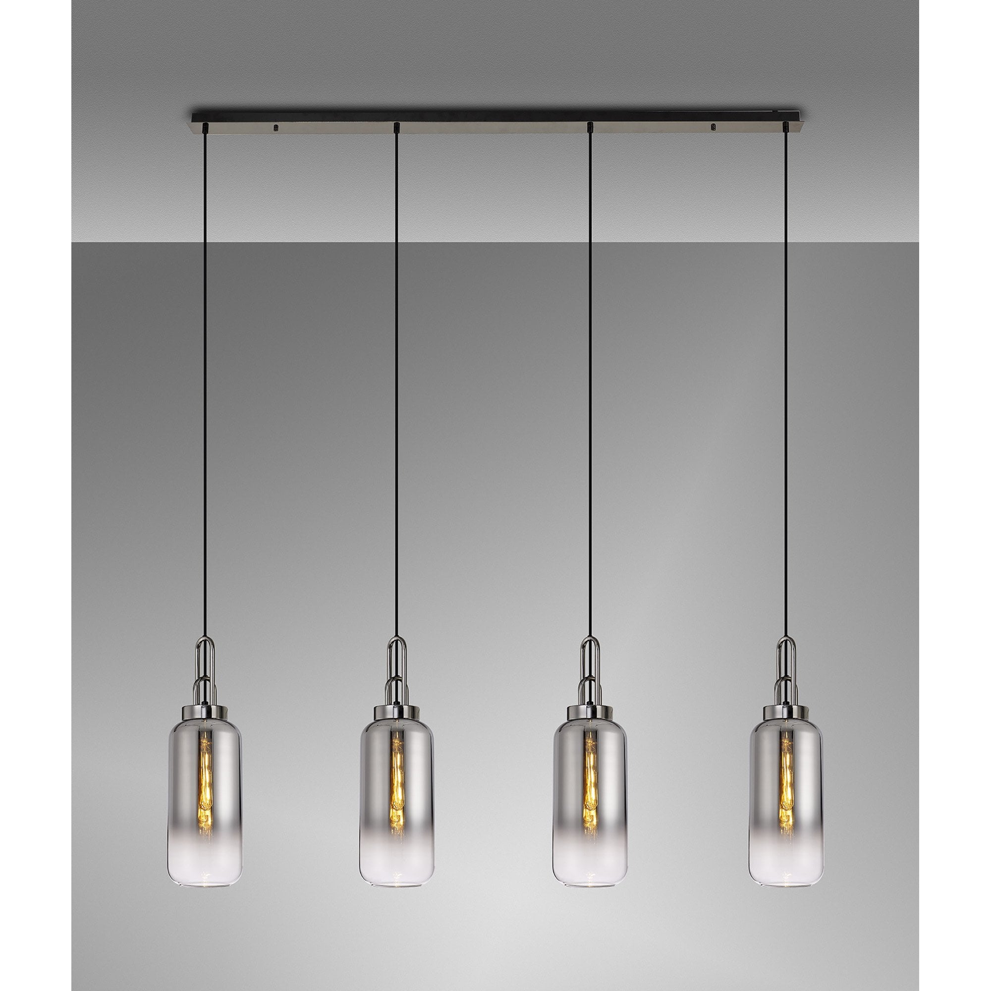 Fabula Springfield 4 Light Linear Pendant - 16cm Cylinder Glass Shades - Black Chrome & Smoked Fade Glass