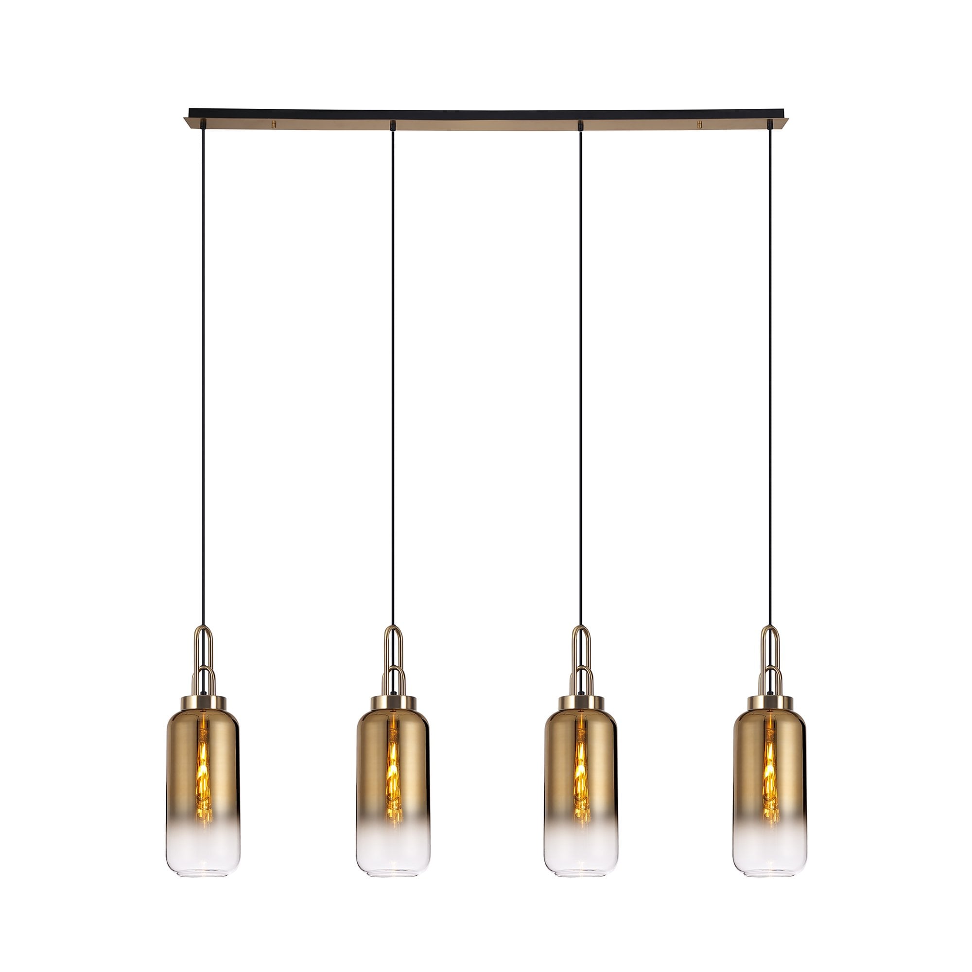 Fabula Springfield 4 Light Linear Pendant - 16cm Cylinder Glass Shades - Brass Gold & Brass Gold Fade Glass