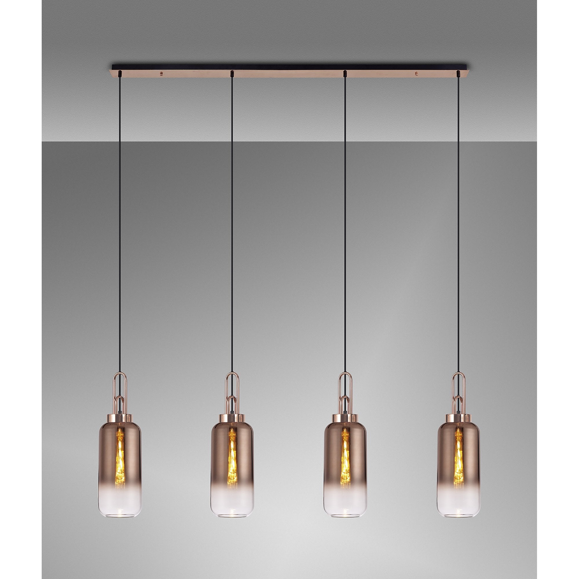 Fabula Springfield 4 Light Linear Pendant - 16cm Cylinder Glass Shades - Copper & Copper Fade Glass