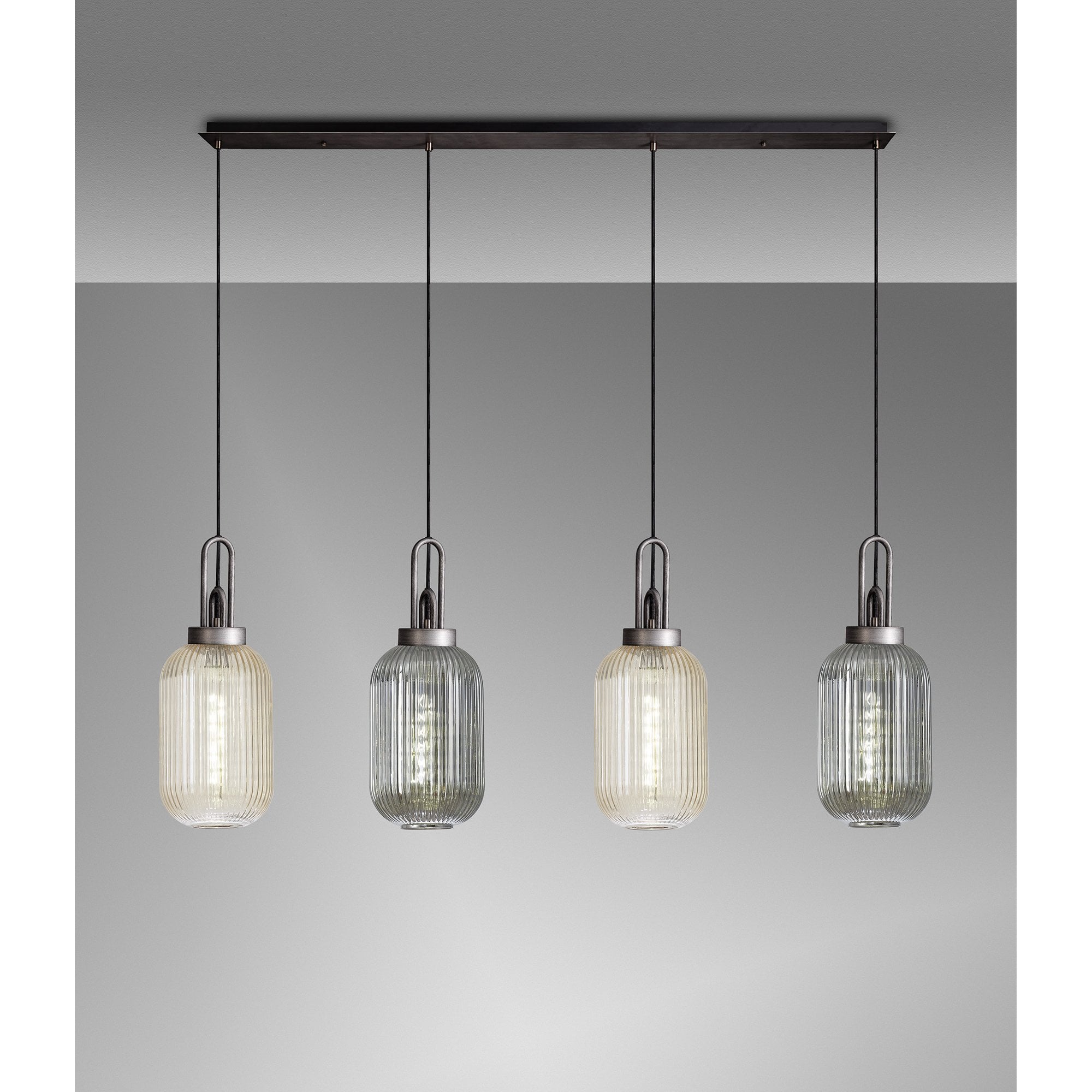 Fabula Springfield 4 Light Linear Pendant - 20cm Tubular Ribbed Glass Shades - Aged Pewter, Smoked & Champagne Glass