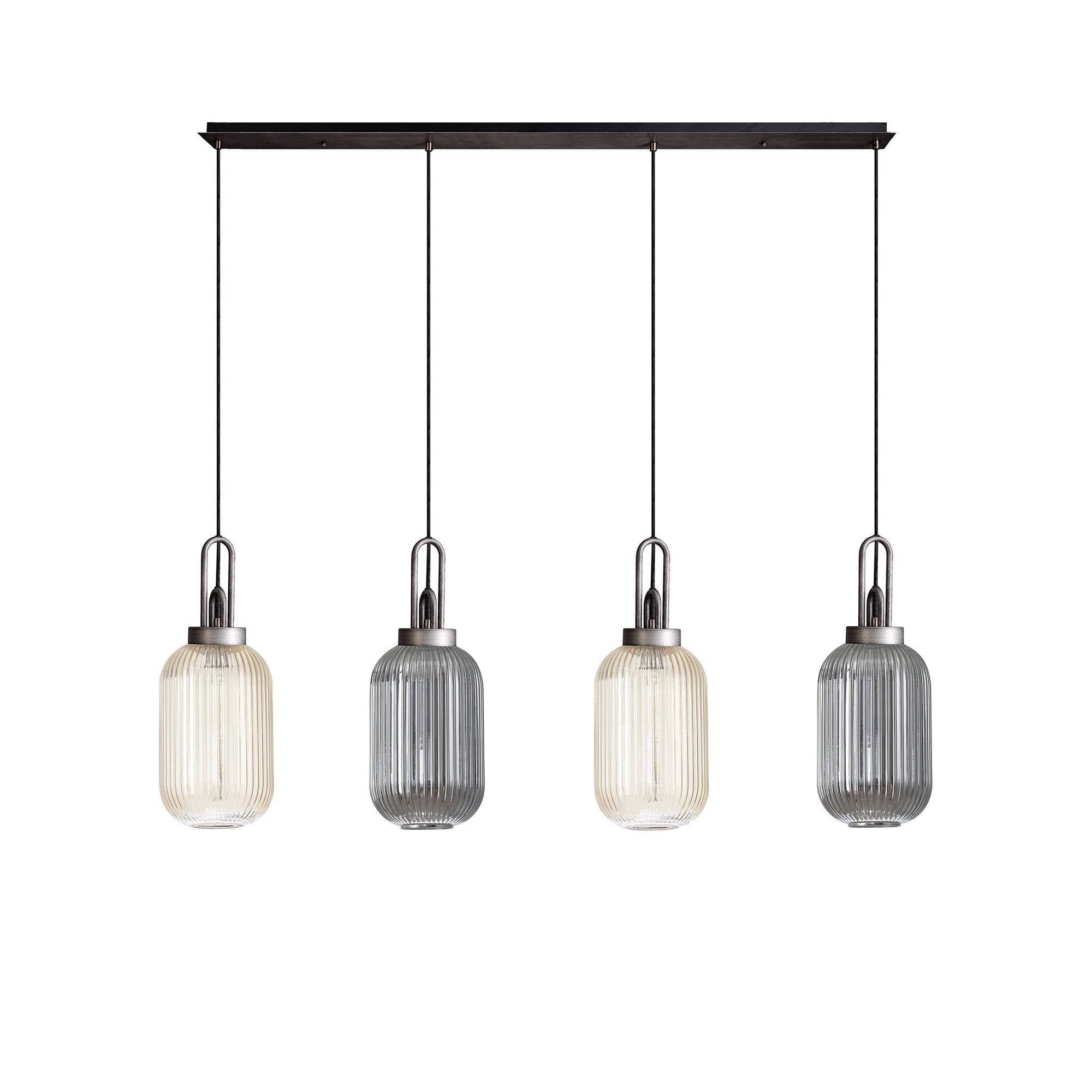 Fabula Springfield 4 Light Linear Pendant - 20cm Tubular Ribbed Glass Shades - Aged Pewter, Smoked & Champagne Glass