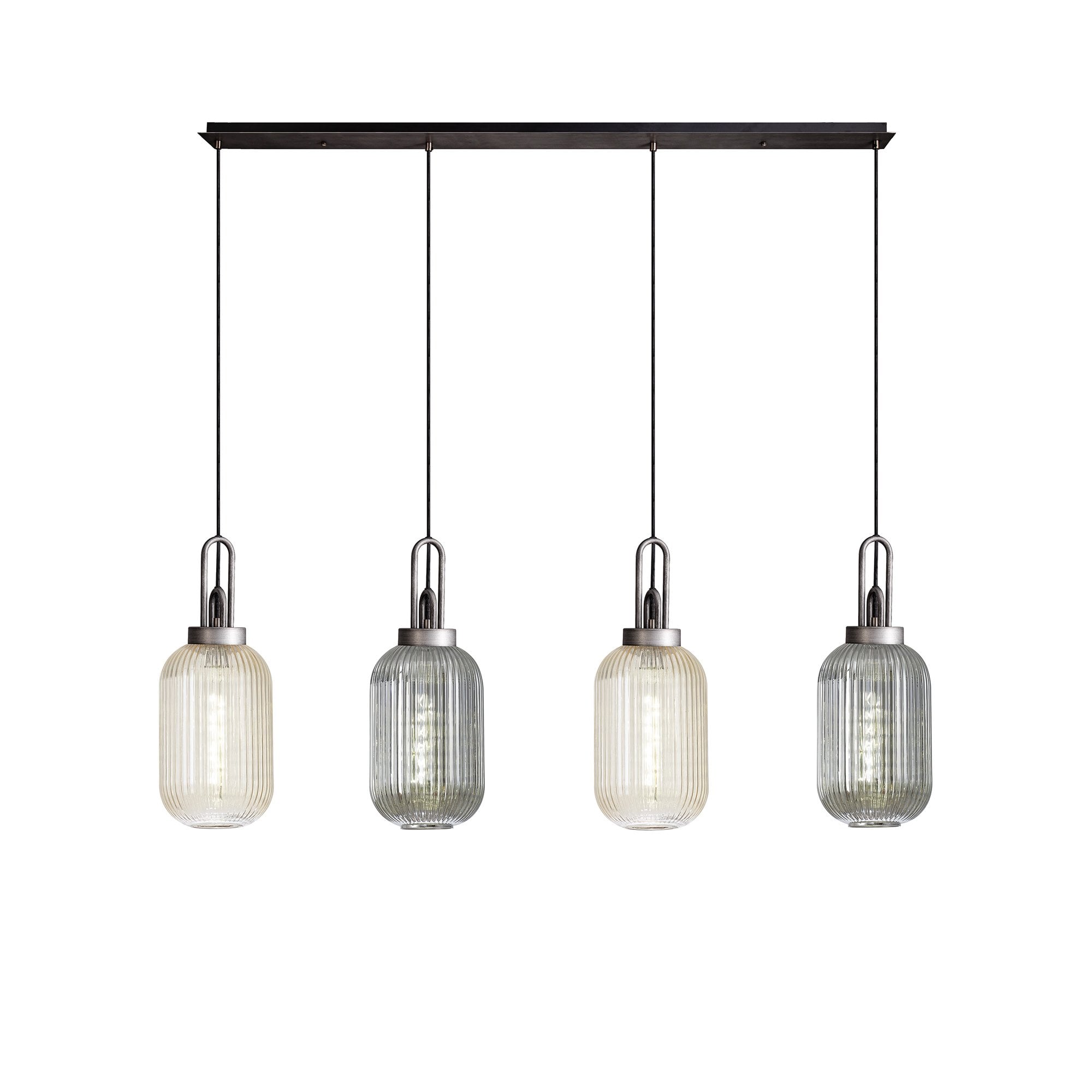 Fabula Springfield 4 Light Linear Pendant - 20cm Tubular Ribbed Glass Shades - Aged Pewter, Smoked & Champagne Glass