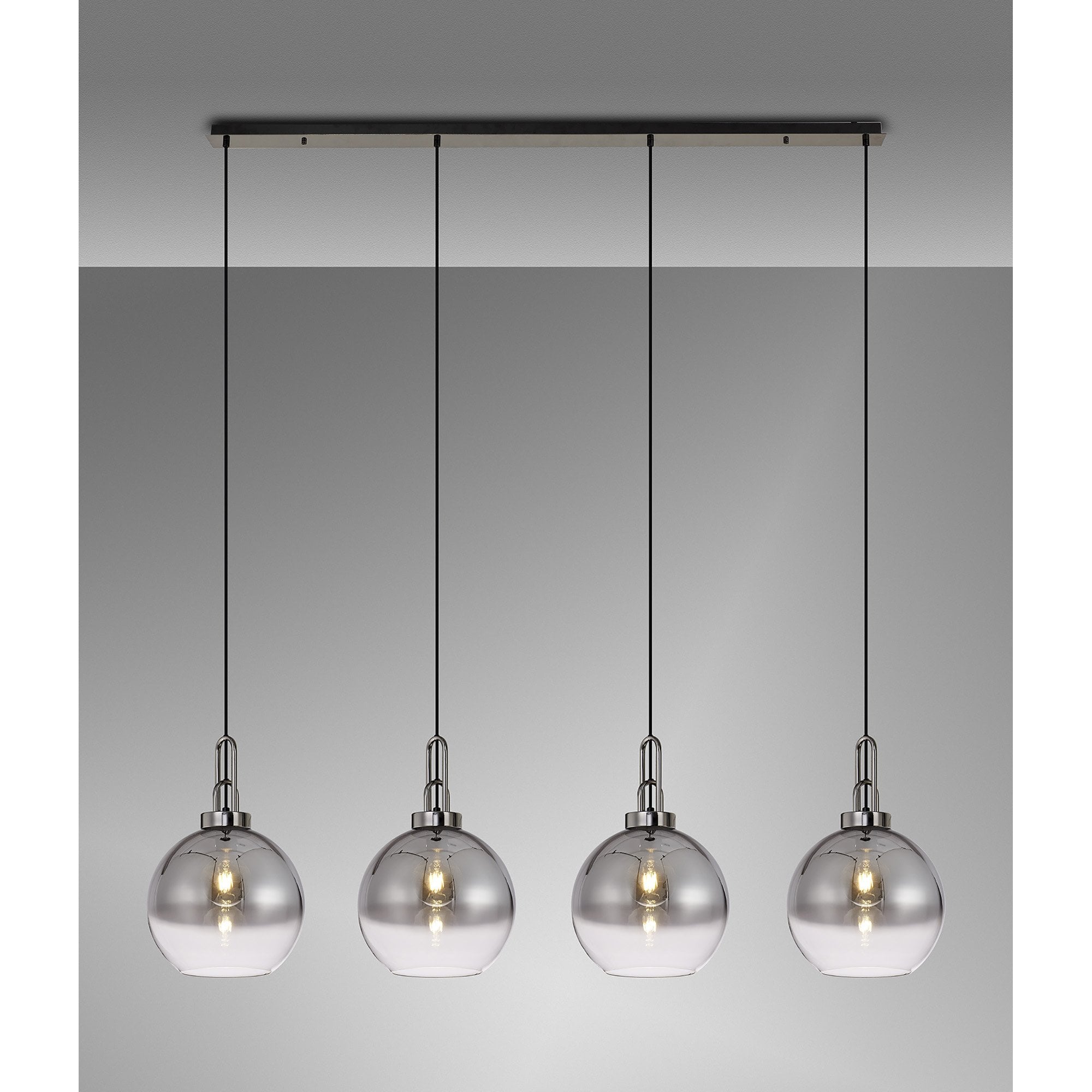 Fabula Springfield 4 Light Linear Pendant - 30cm Globe Glass Shades - Black Chrome & Smoked Fade Glass