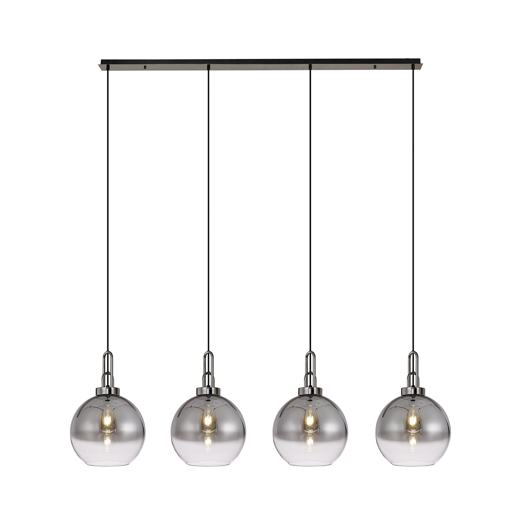 Fabula Springfield 4 Light Linear Pendant - 30cm Globe Glass Shades - Black Chrome & Smoked Fade Glass