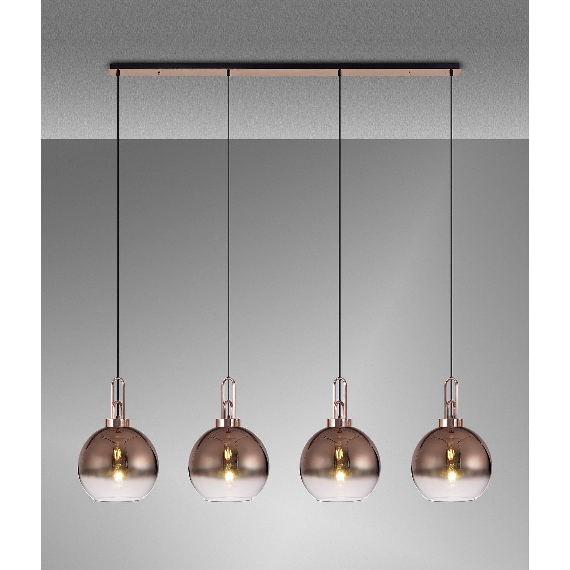 Fabula Springfield 4 Light Linear Pendant - 30cm Globe Glass Shades - Copper & Copper Fade Glass