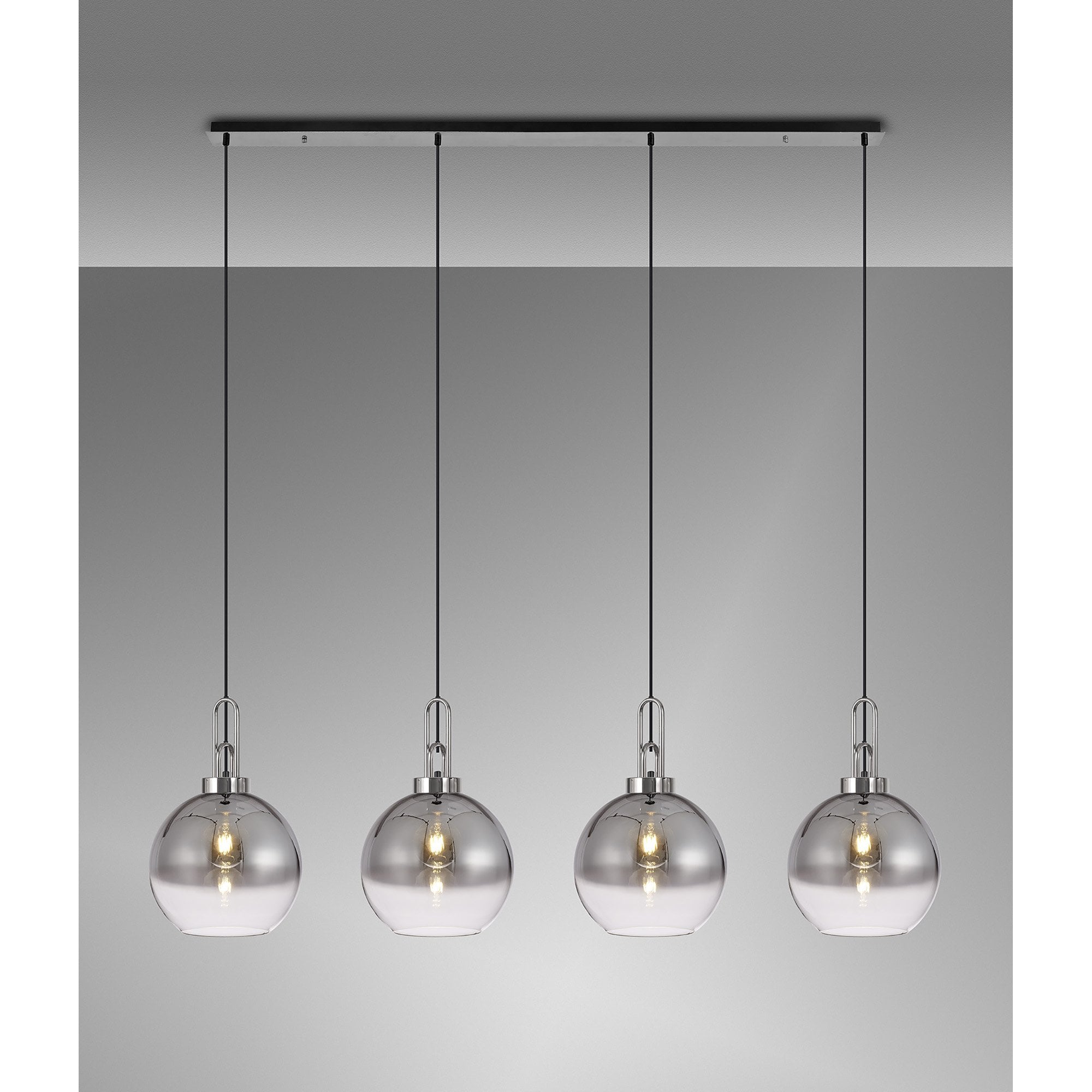 Fabula Springfield 4 Light Linear Pendant - 30cm Globe Glass Shades - Polished Nickel & Smoked Fade Glass