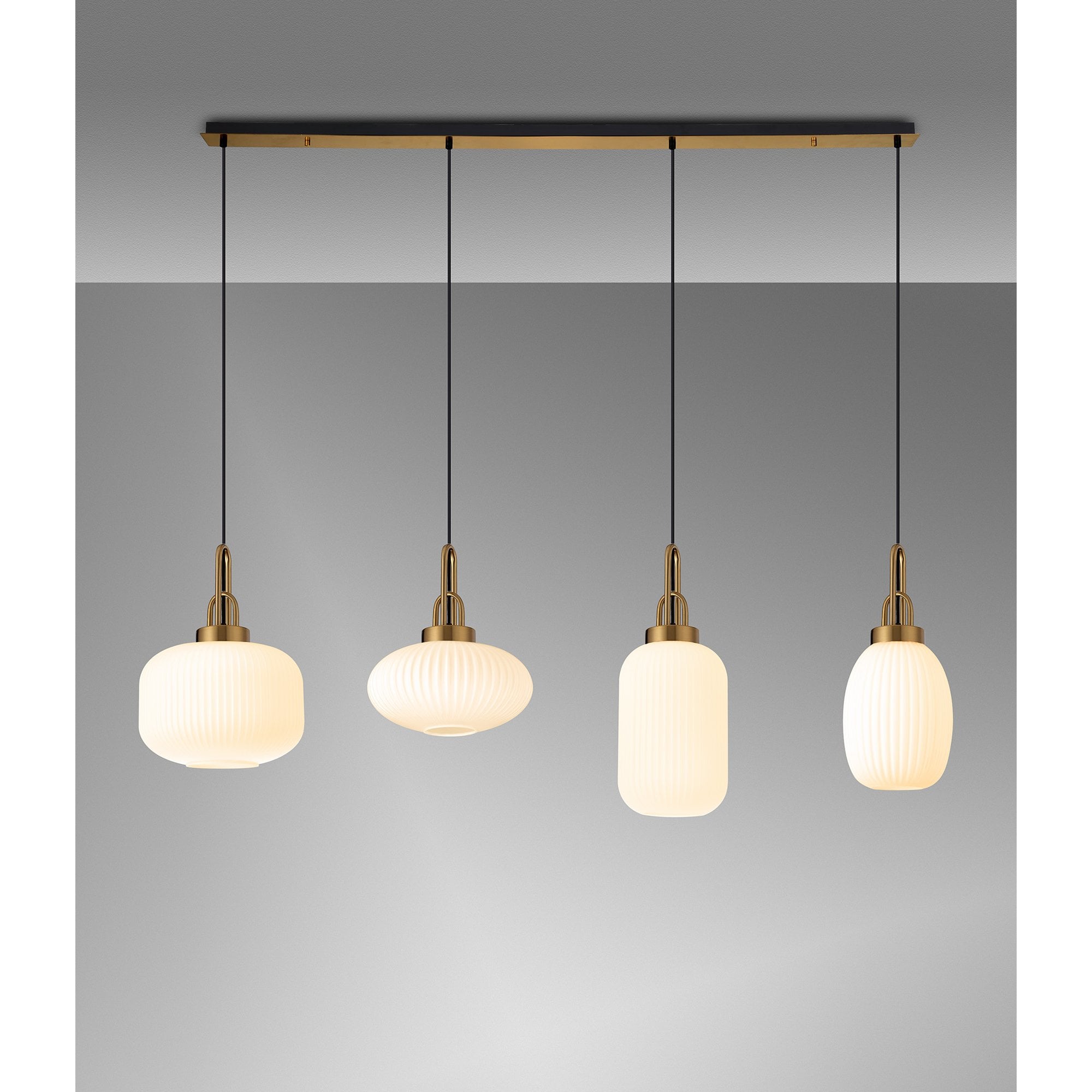Fabula Springfield 4 Light Linear Pendant - Mixed Glass Shades - Brass Gold & Opal Glass