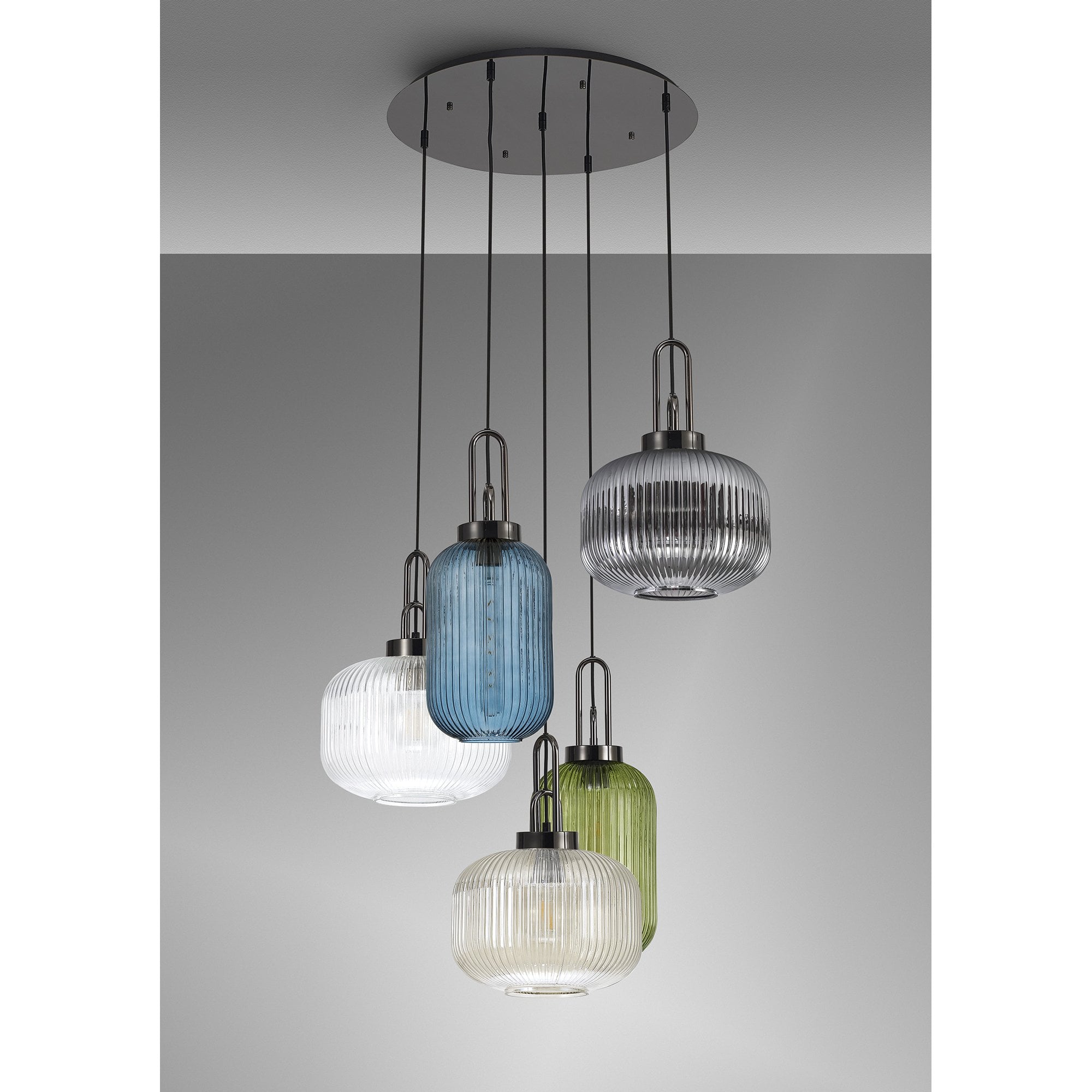 Fabula Springfield 5 Light Round Pendant - Mixed Glass Shades - Black Chrome & Multi-Colour Glass