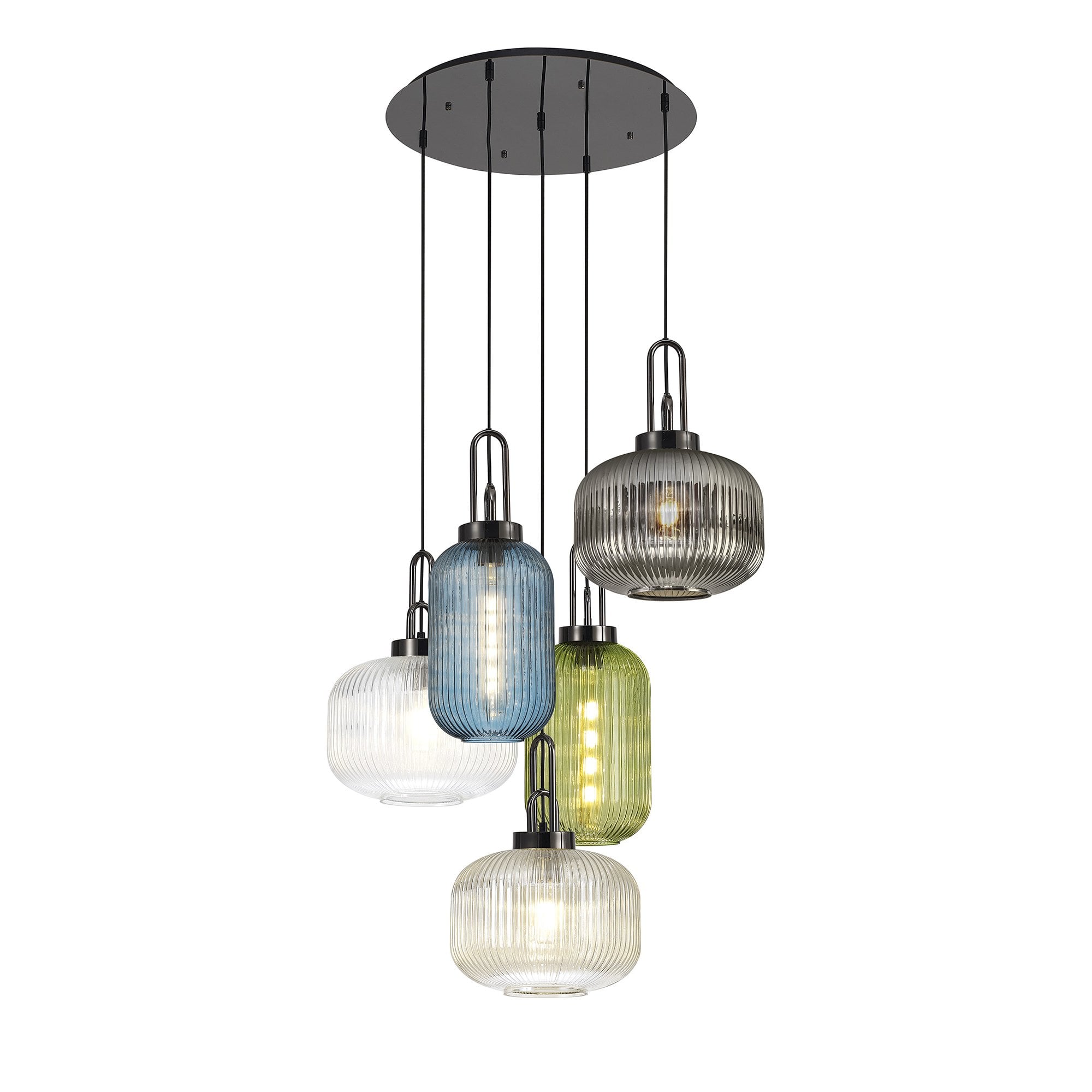Fabula Springfield 5 Light Round Pendant - Mixed Glass Shades - Black Chrome & Multi-Colour Glass