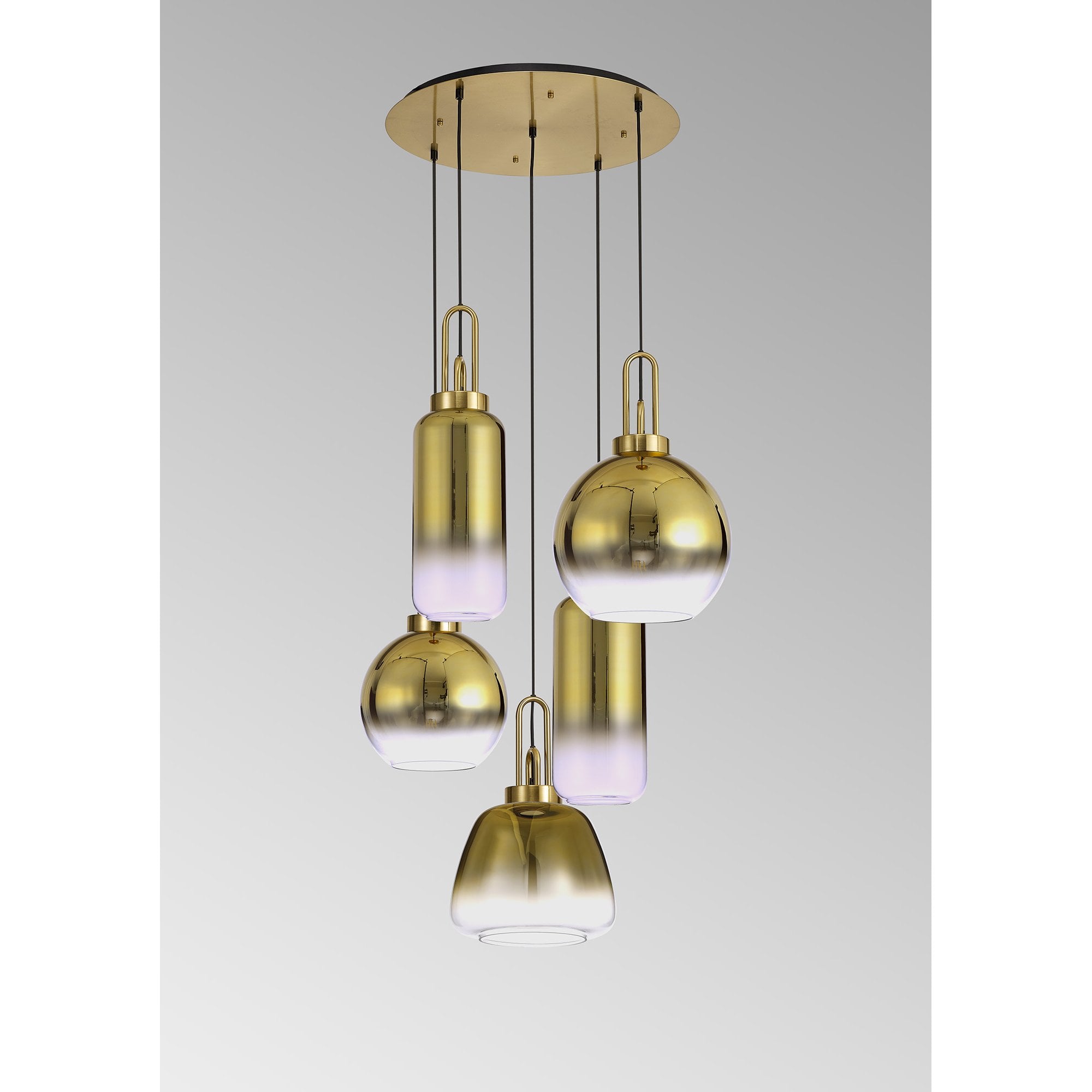 Fabula Springfield 5 Light Round Pendant - Mixed Glass Shades - Brass Gold & Multi-Colour Glass