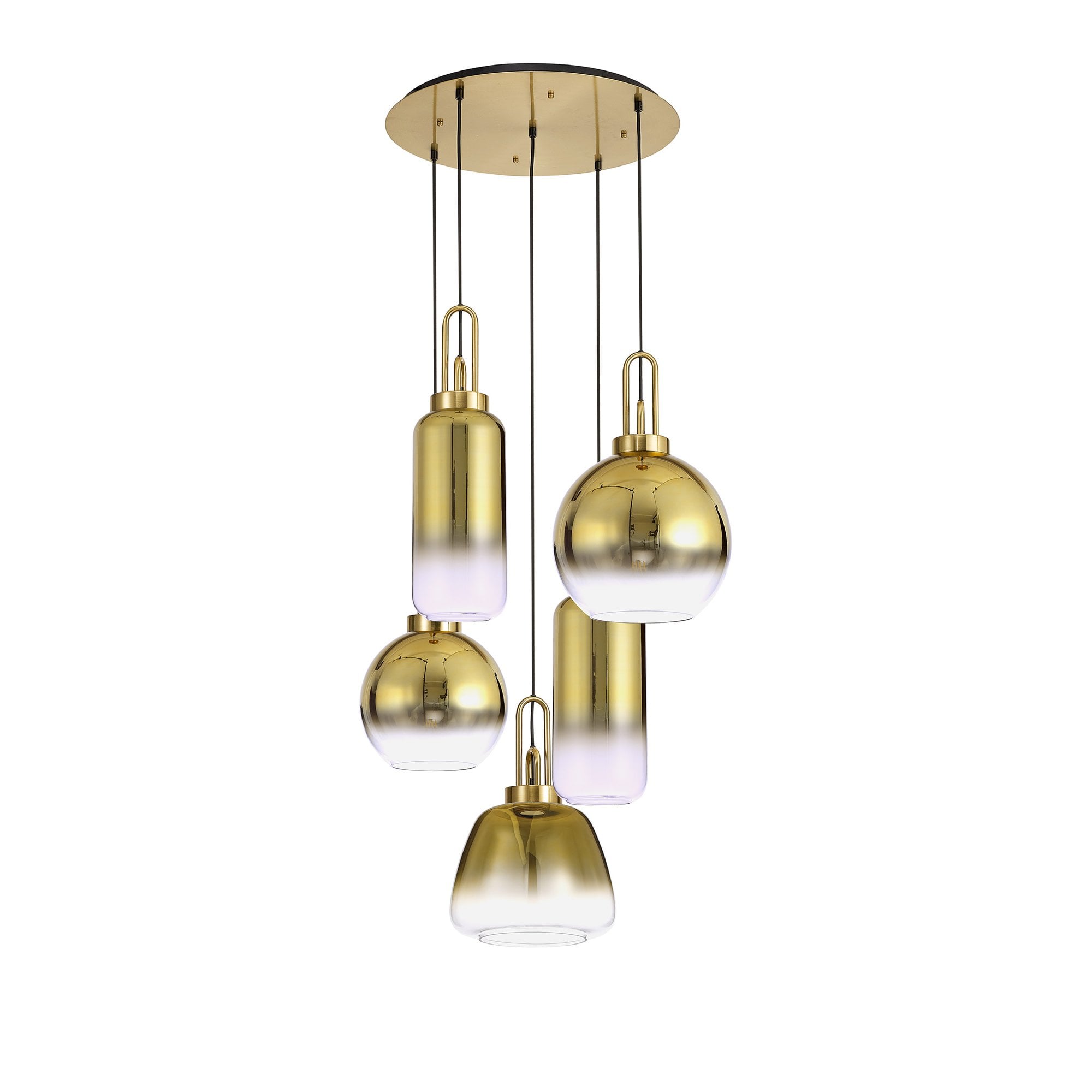 Fabula Springfield 5 Light Round Pendant - Mixed Glass Shades - Brass Gold & Multi-Colour Glass