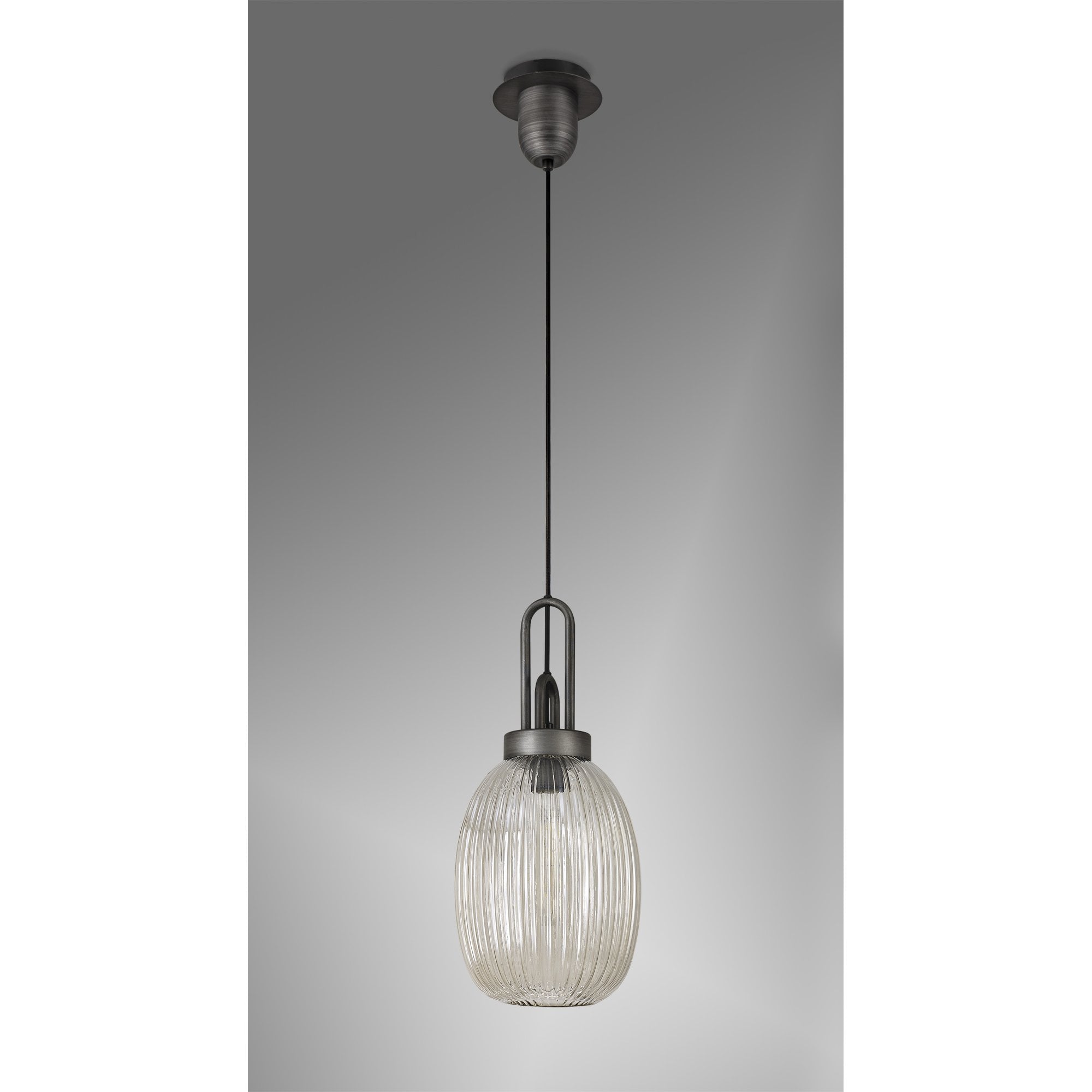 Fabula Springfield Single Pendant - 20cm Almond Ribbed Glass Shade - Aged Pewter & Champagne Glass