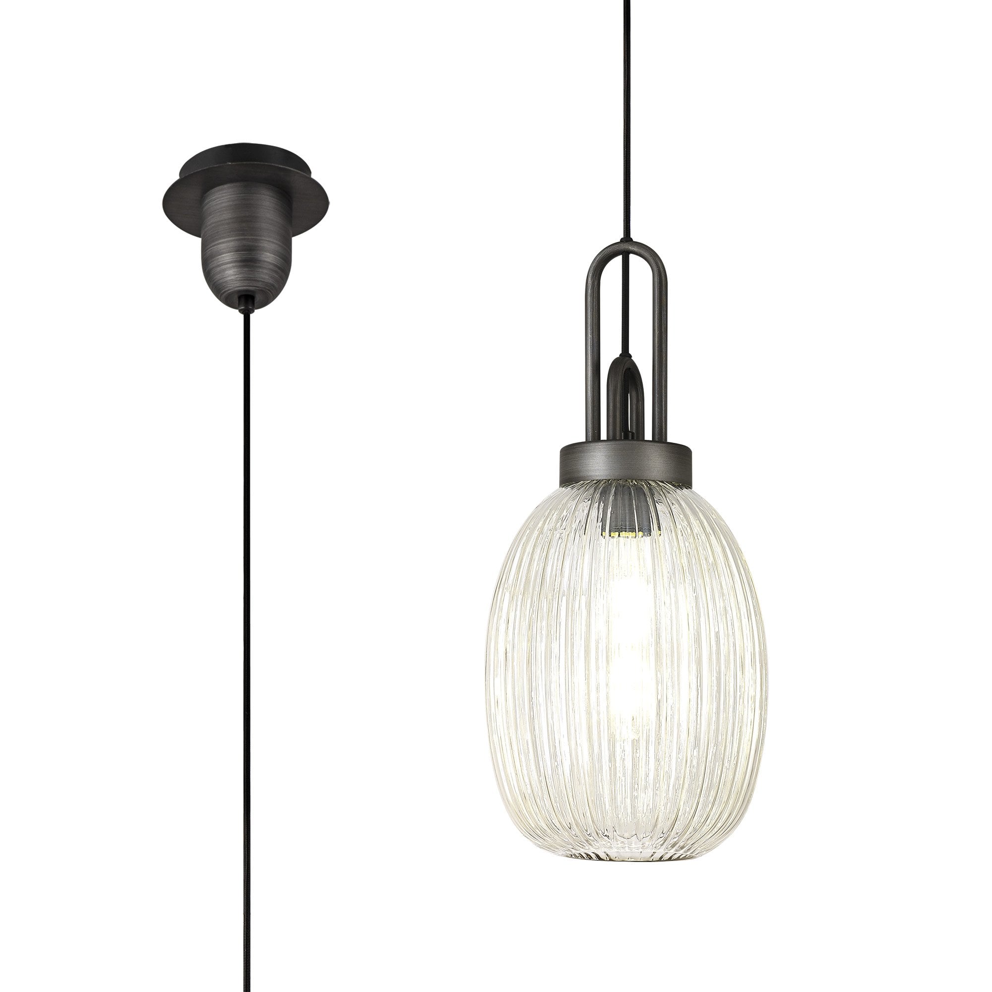 Fabula Springfield Single Pendant - 20cm Almond Ribbed Glass Shade - Aged Pewter & Champagne Glass