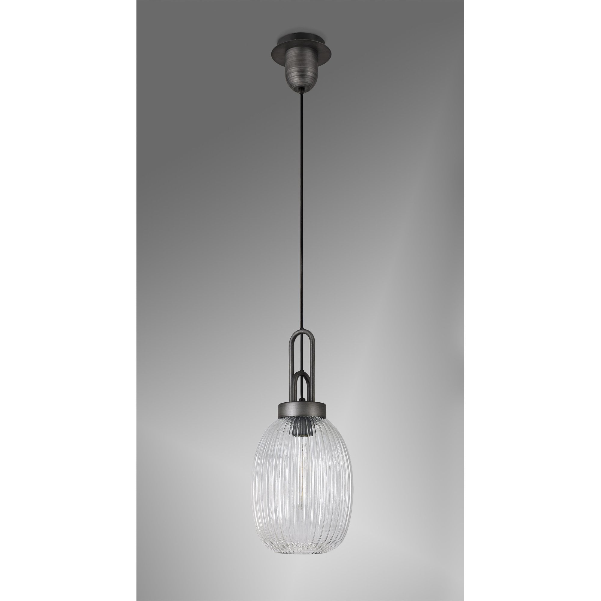 Fabula Springfield Single Pendant - 20cm Almond Ribbed Glass Shade - Aged Pewter & Clear Glass