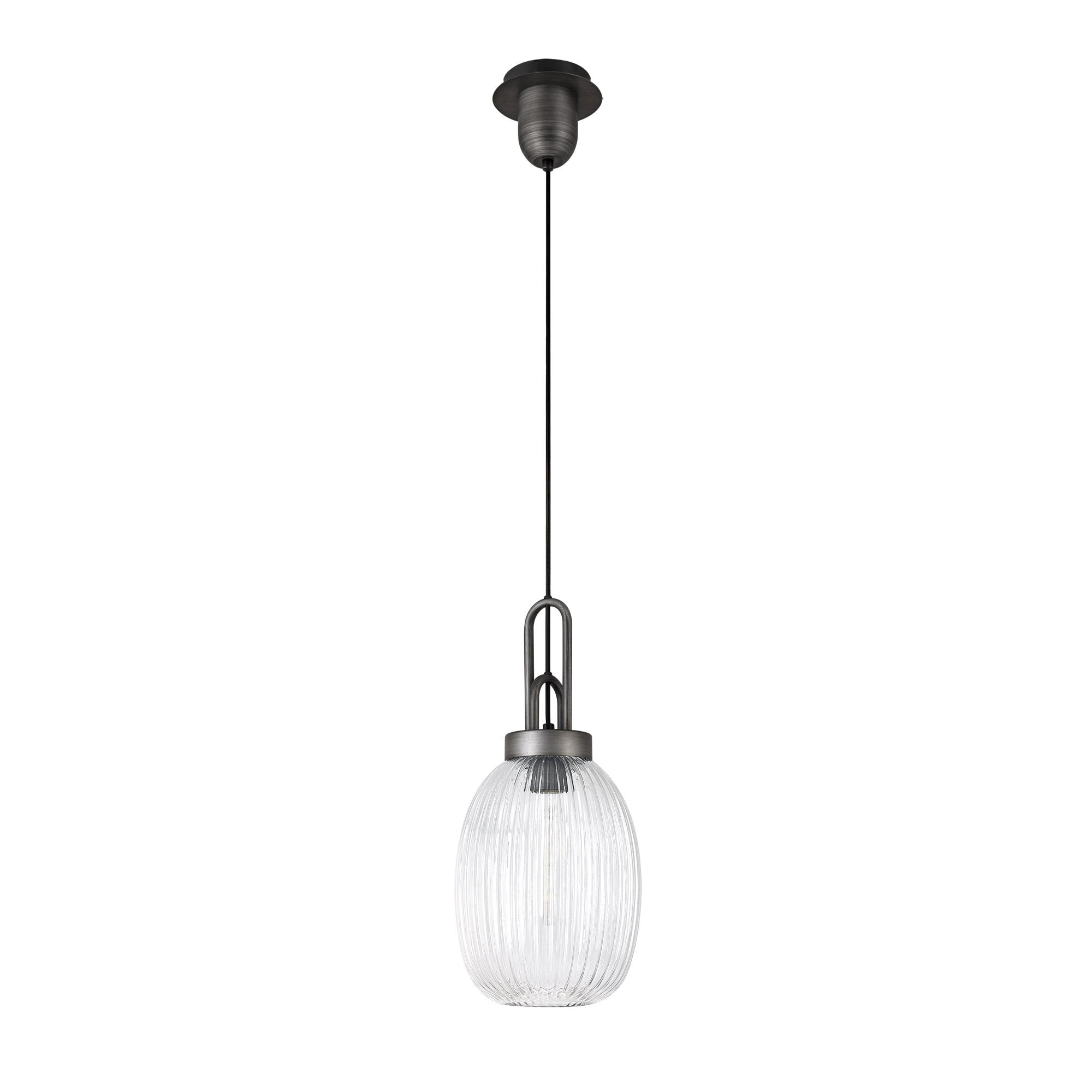 Fabula Springfield Single Pendant - 20cm Almond Ribbed Glass Shade - Aged Pewter & Clear Glass