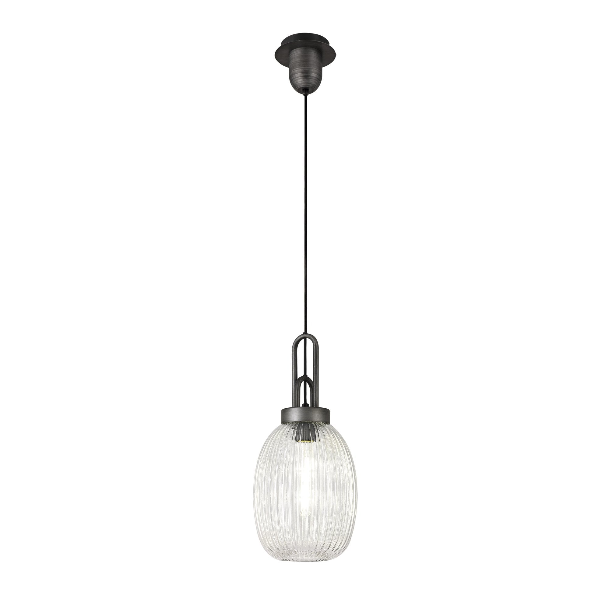 Fabula Springfield Single Pendant - 20cm Almond Ribbed Glass Shade - Aged Pewter & Clear Glass