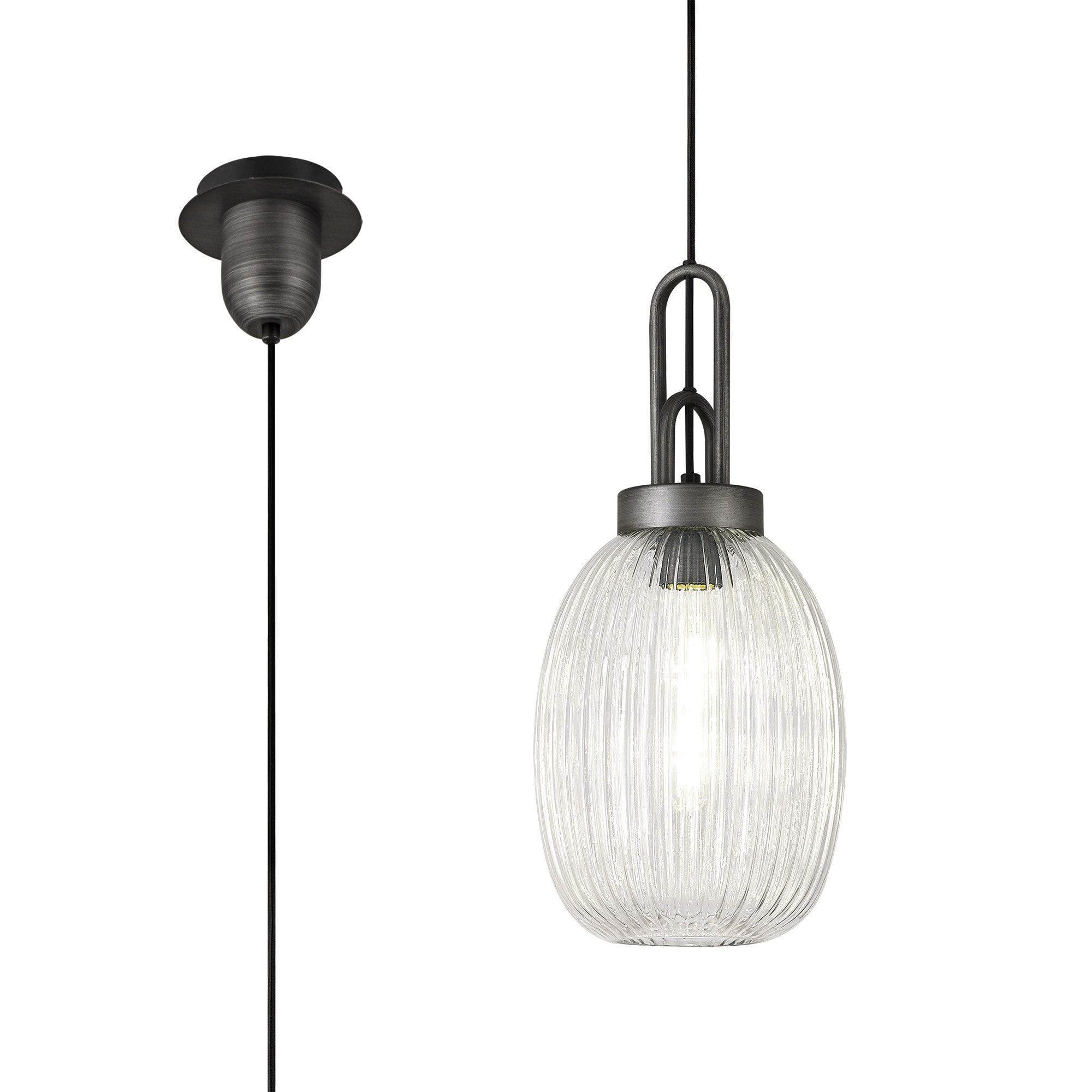 Fabula Springfield Single Pendant - 20cm Almond Ribbed Glass Shade - Aged Pewter & Clear Glass