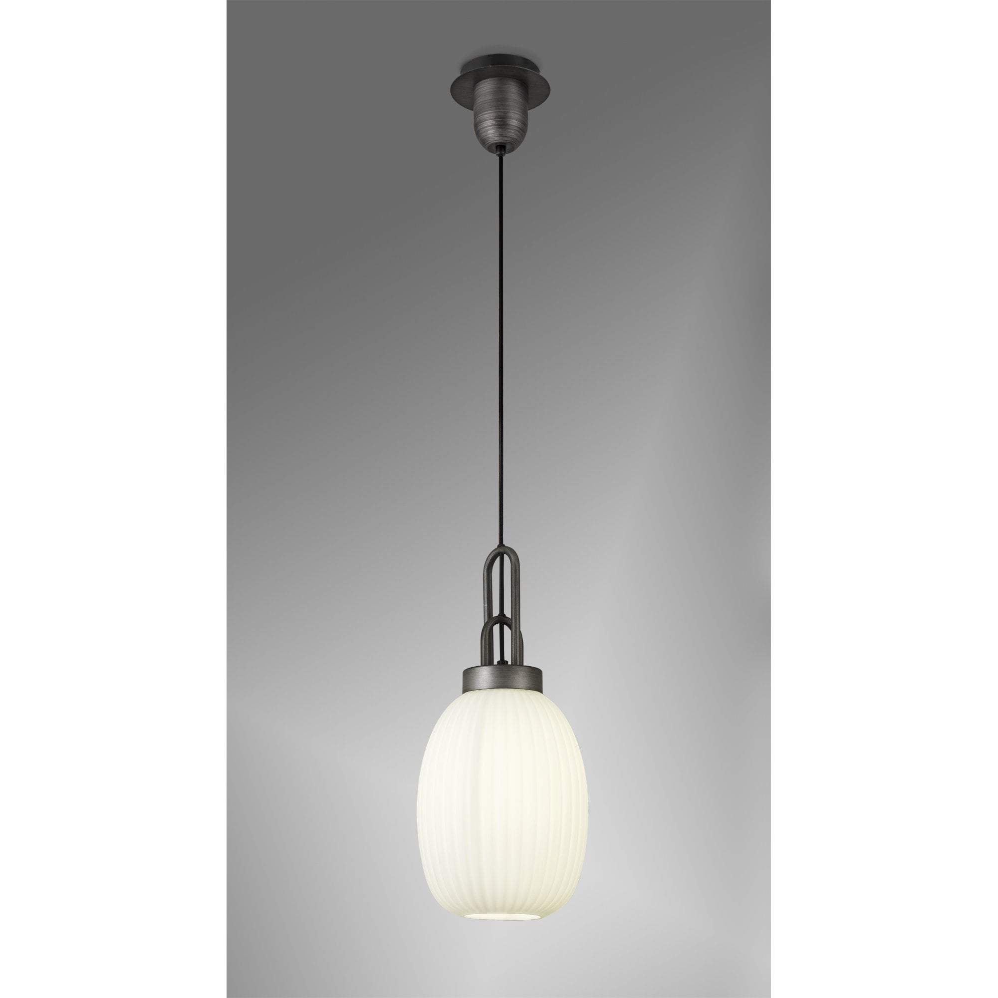 Fabula Springfield Single Pendant - 20cm Almond Ribbed Glass Shade - Aged Pewter & Opal Glass