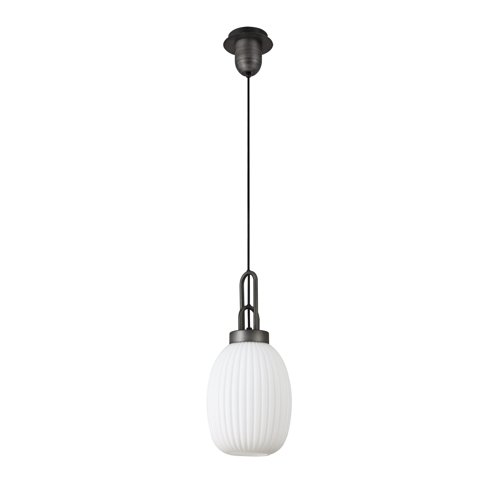Fabula Springfield Single Pendant - 20cm Almond Ribbed Glass Shade - Aged Pewter & Opal Glass