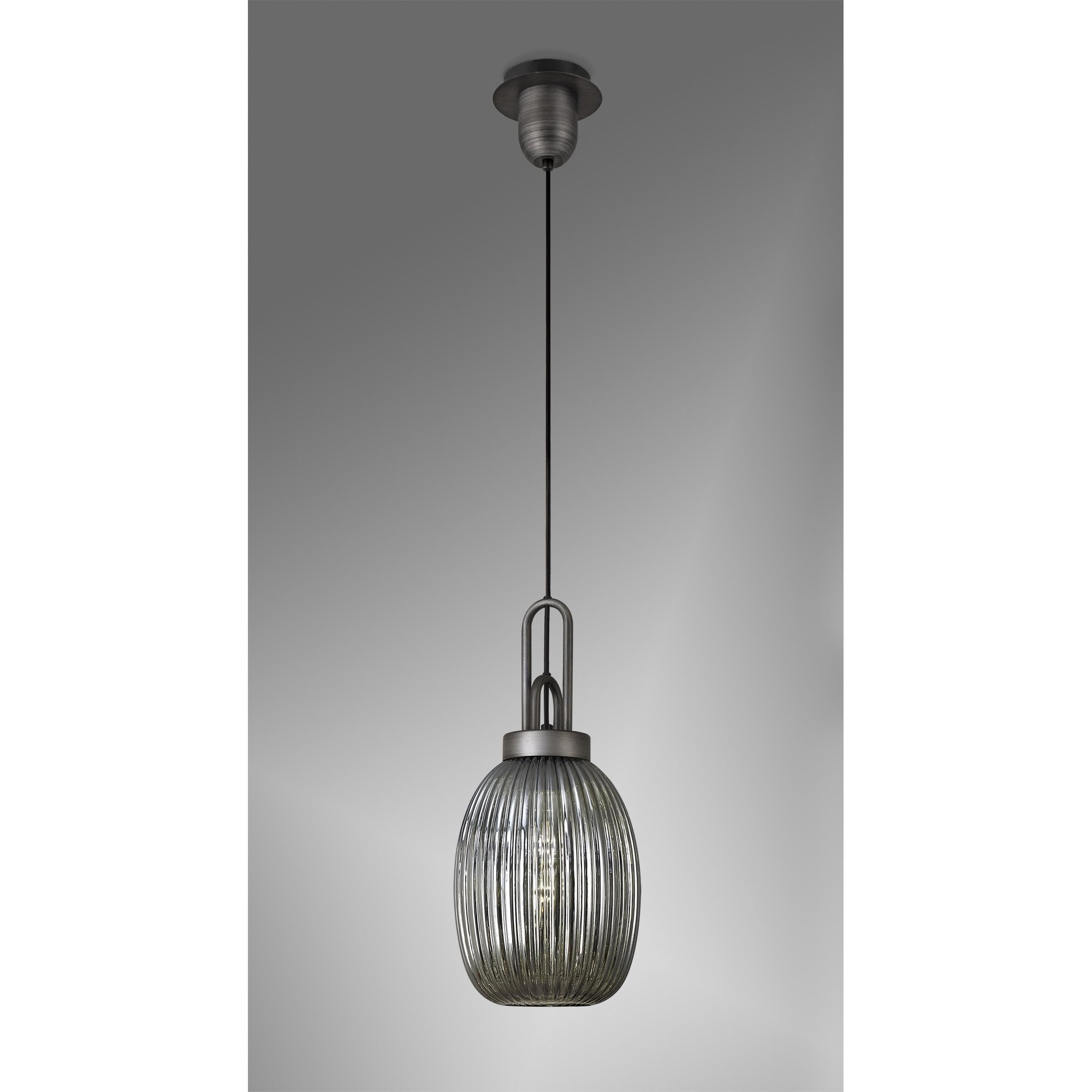 Fabula Springfield Single Pendant - 20cm Almond Ribbed Glass Shade - Aged Pewter & Smoked Glass