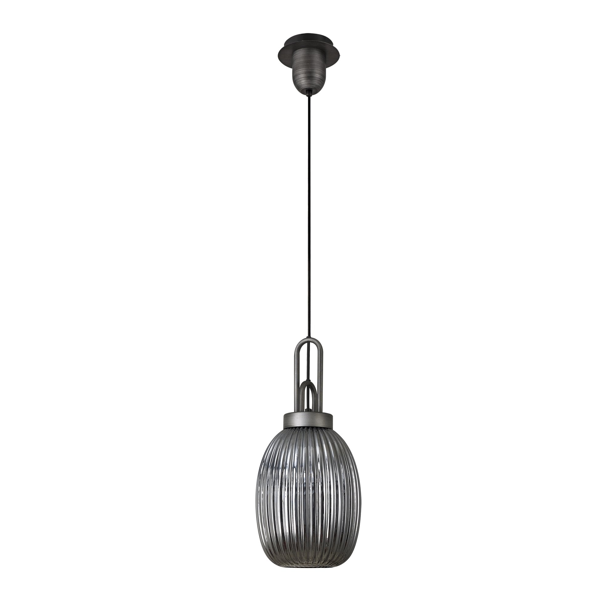 Fabula Springfield Single Pendant - 20cm Almond Ribbed Glass Shade - Aged Pewter & Smoked Glass