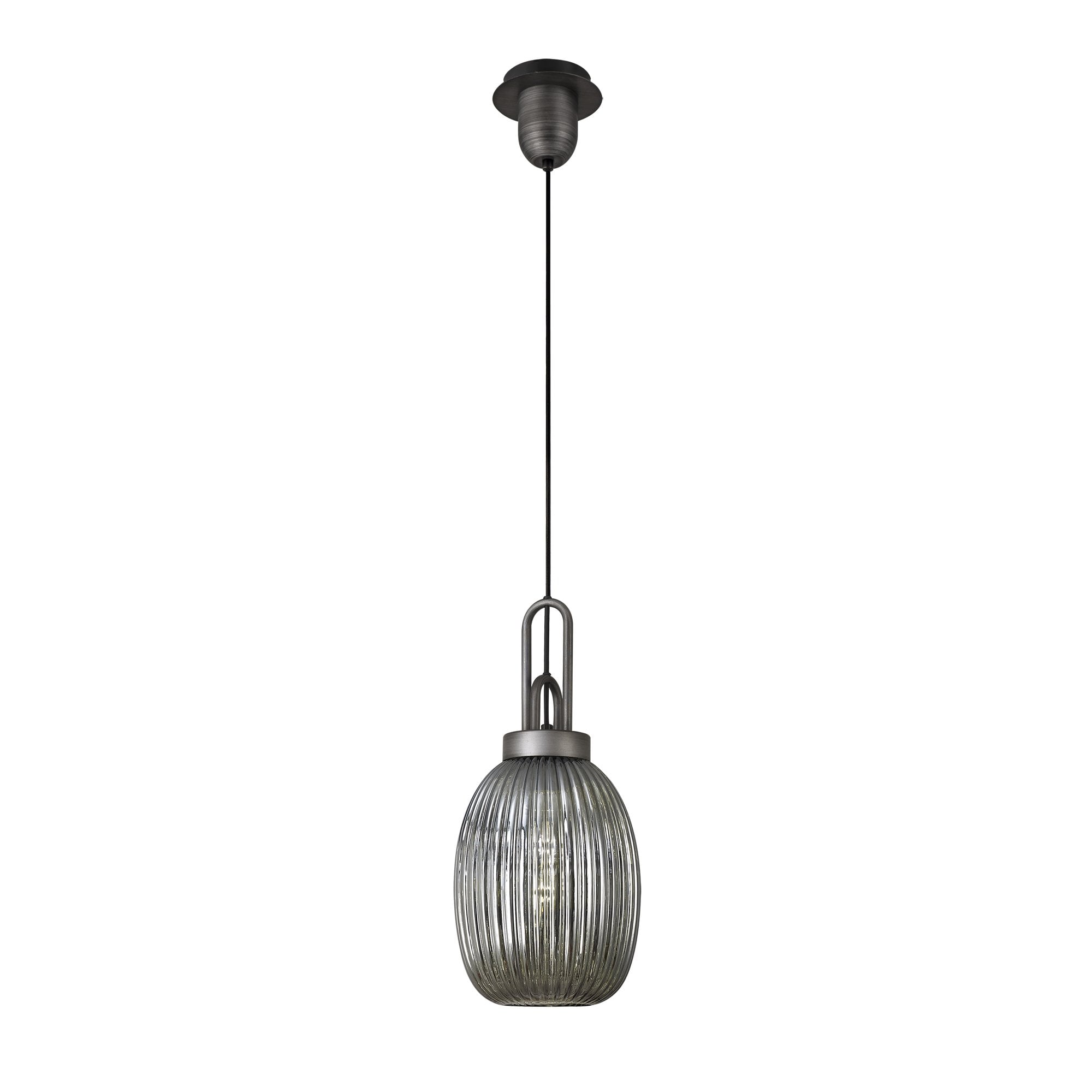 Fabula Springfield Single Pendant - 20cm Almond Ribbed Glass Shade - Aged Pewter & Smoked Glass