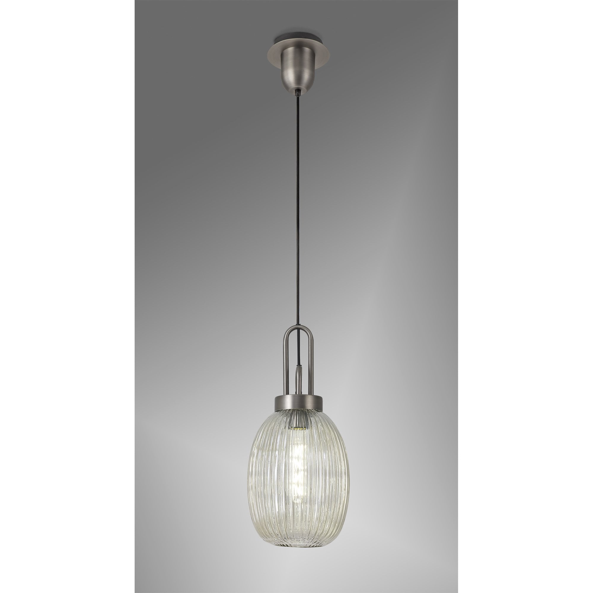 Fabula Springfield Single Pendant - 20cm Almond Ribbed Glass Shade - Antique Silver & Champagne Glass